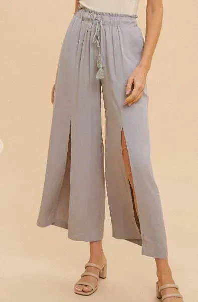 Ruffle High-Waist Wide Pant with Front Slits