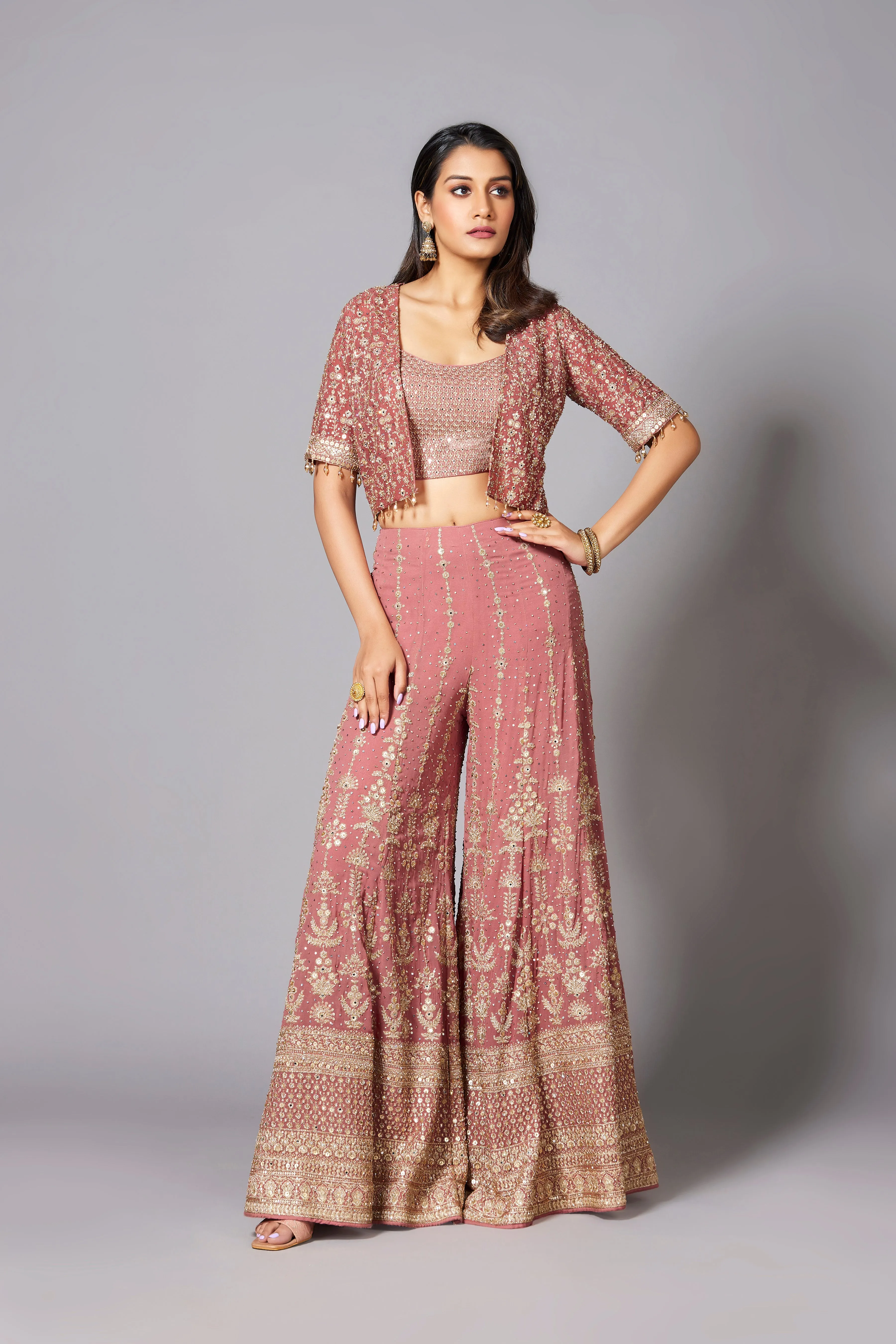 Salmon Pink Embellished Swiss Georgette Silk Jacket-Palazzo Set