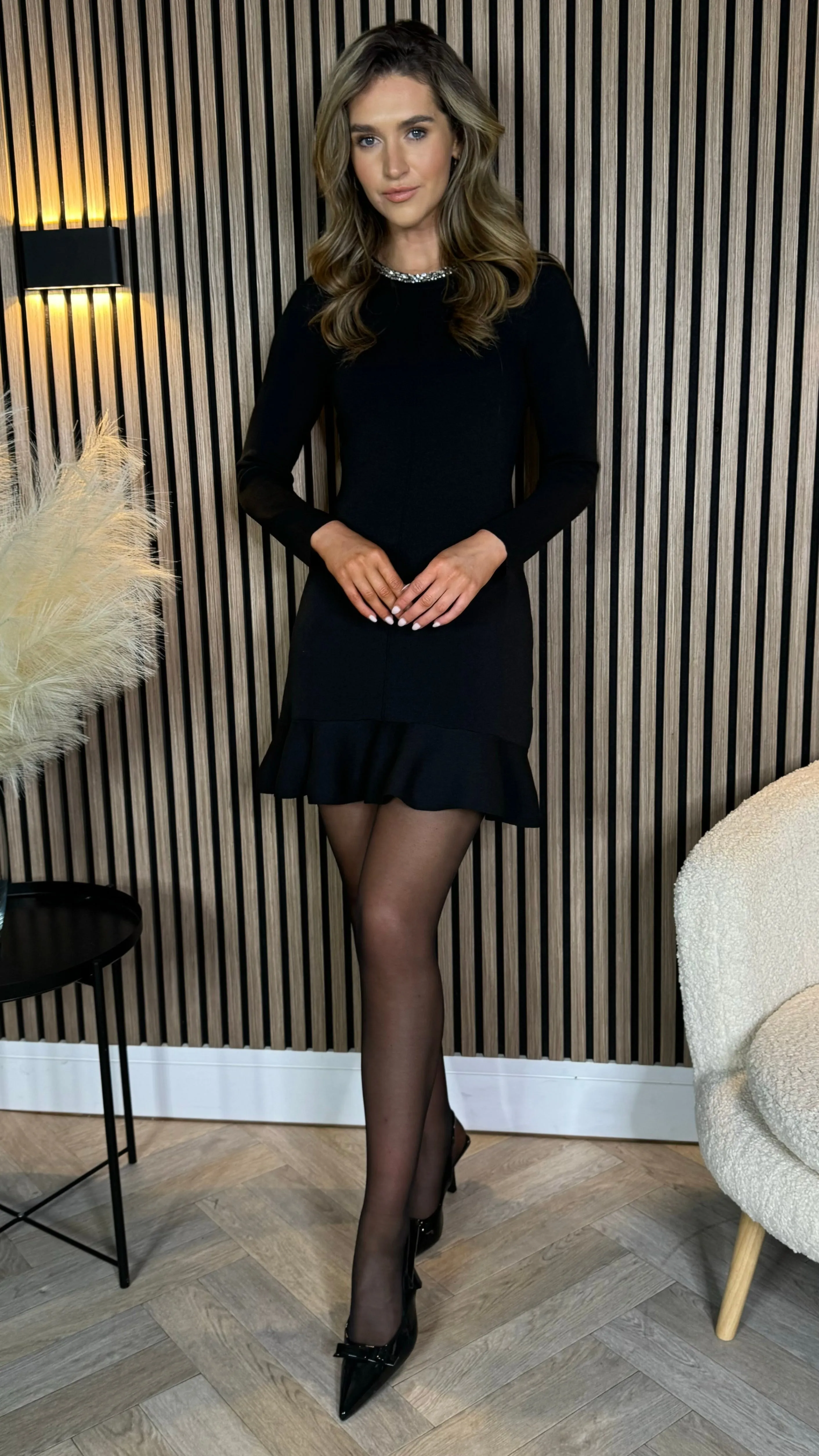 Savannah Black Embellished Neck Frill Hem Knit Mini Dress