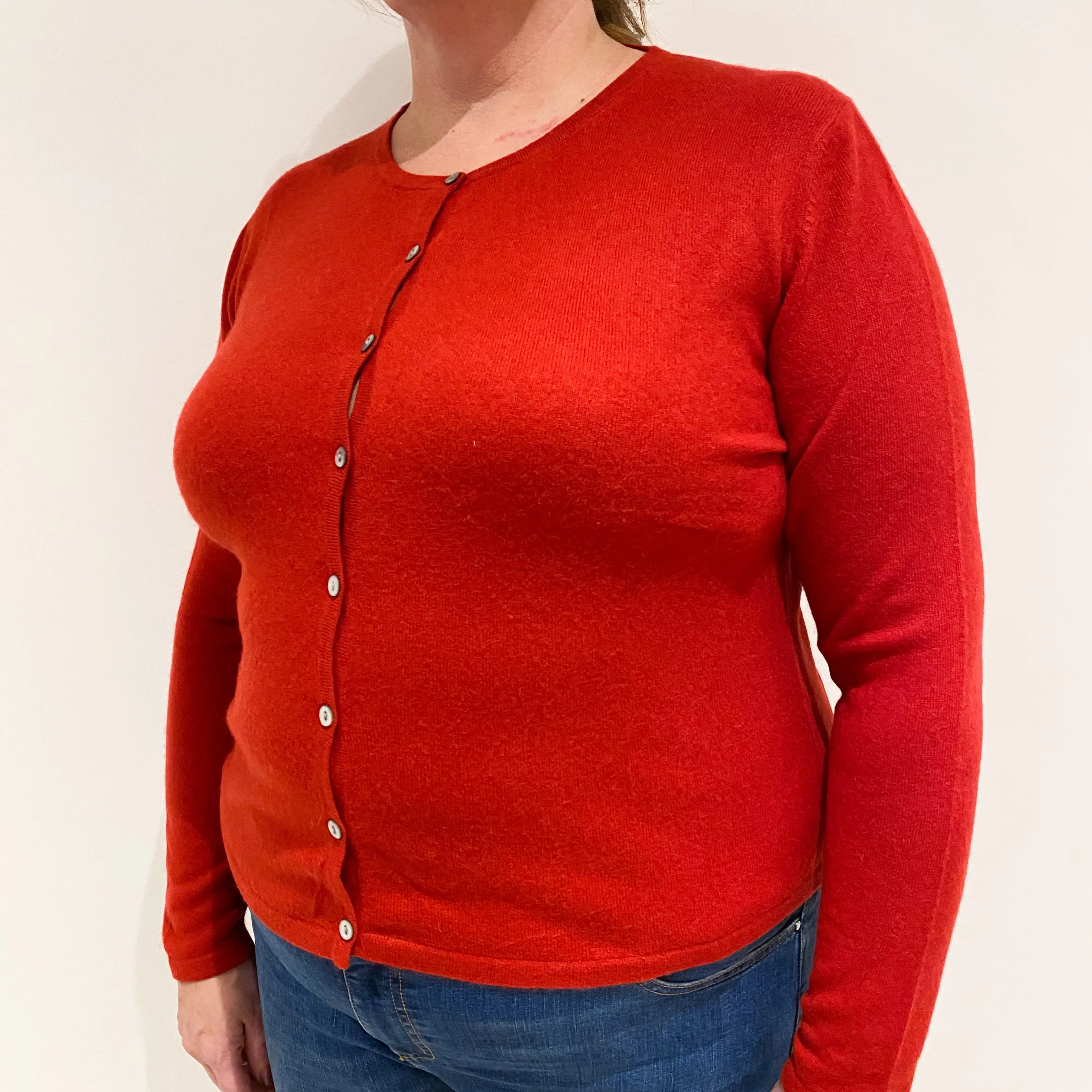 Scarlet Red Cashmere Crew Neck Cardigan Extra Large