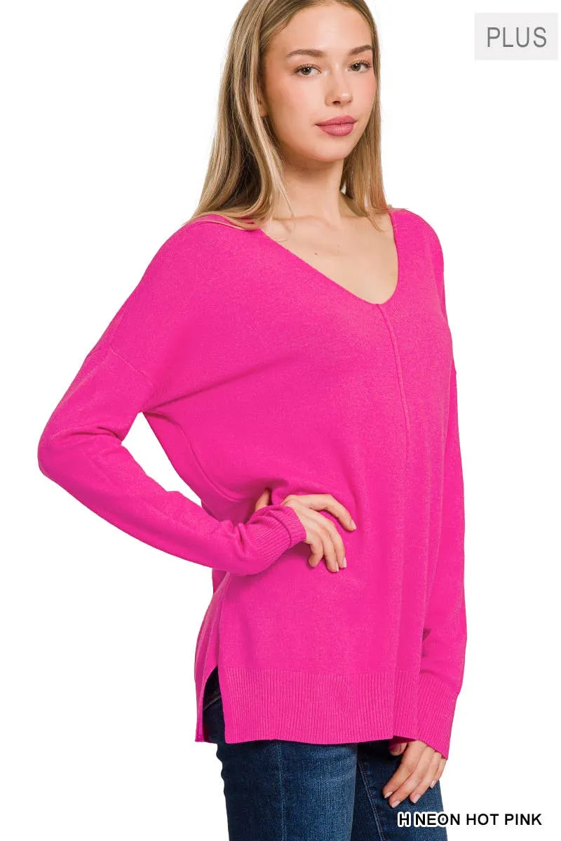 Seam Front Tunic V-Neck Sweater with HI-Low Hem, Plus