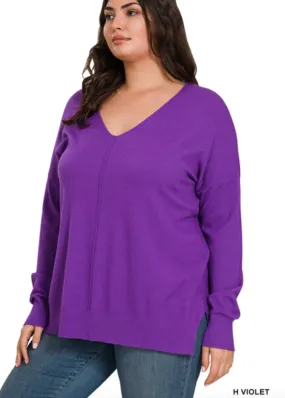 Seam Front Tunic V-Neck Sweater with HI-Low Hem, Plus
