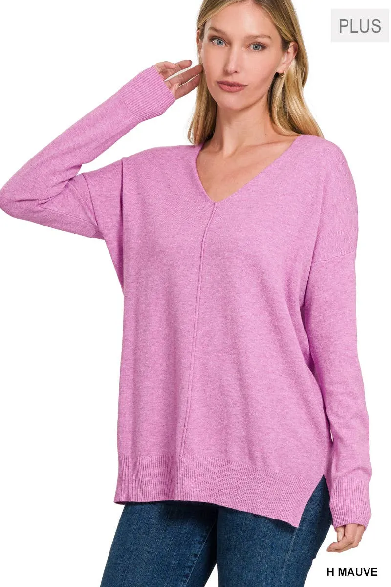 Seam Front Tunic V-Neck Sweater with HI-Low Hem, Plus