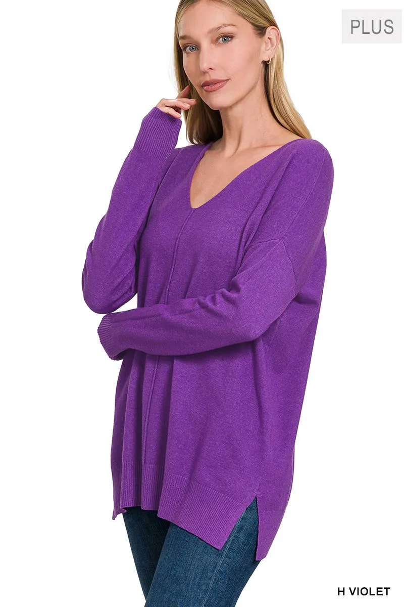 Seam Front Tunic V-Neck Sweater with HI-Low Hem, Plus