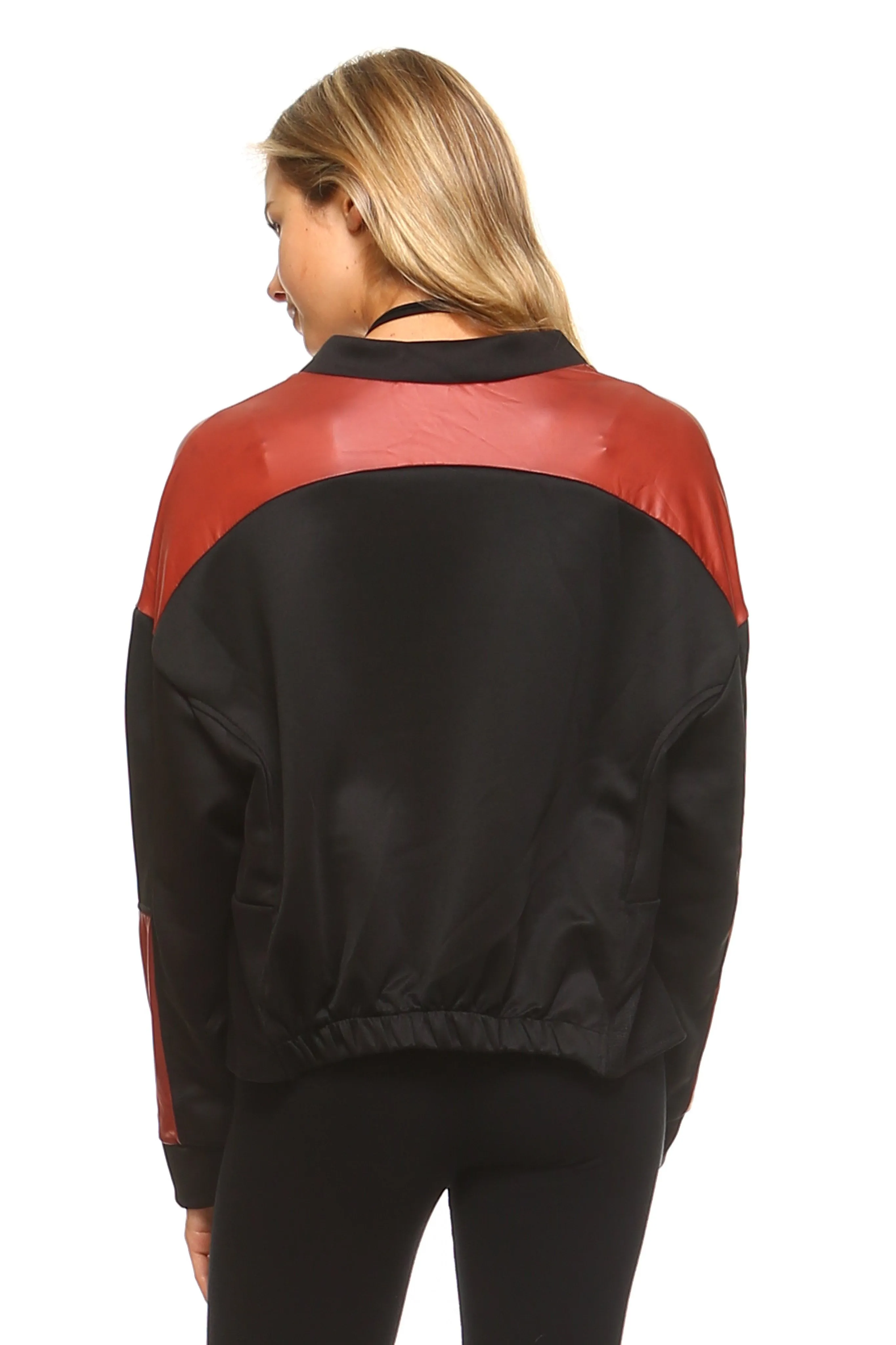 Sidiou Group Women Leather Patch Bomber Jacket