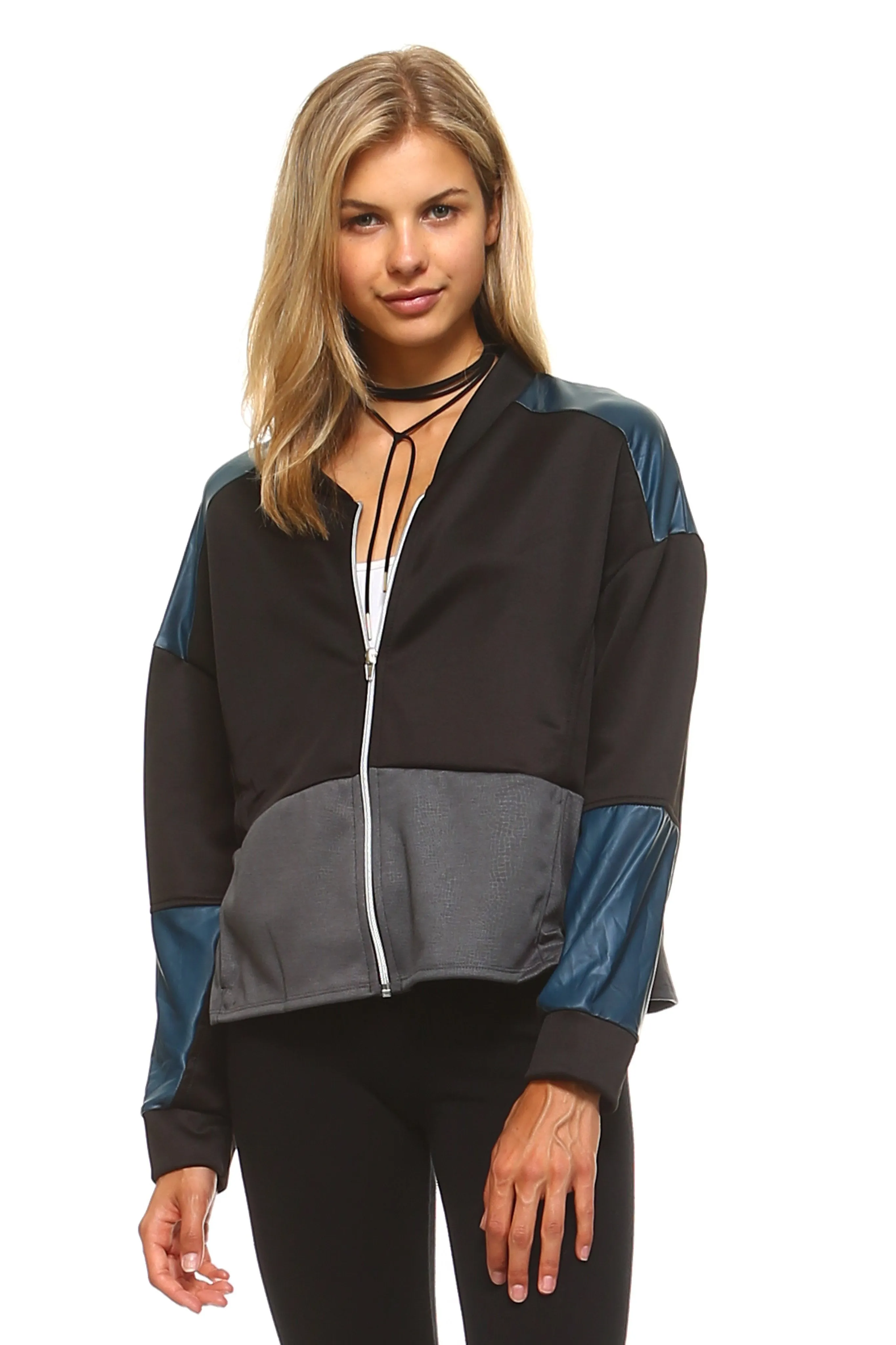 Sidiou Group Women Leather Patch Bomber Jacket