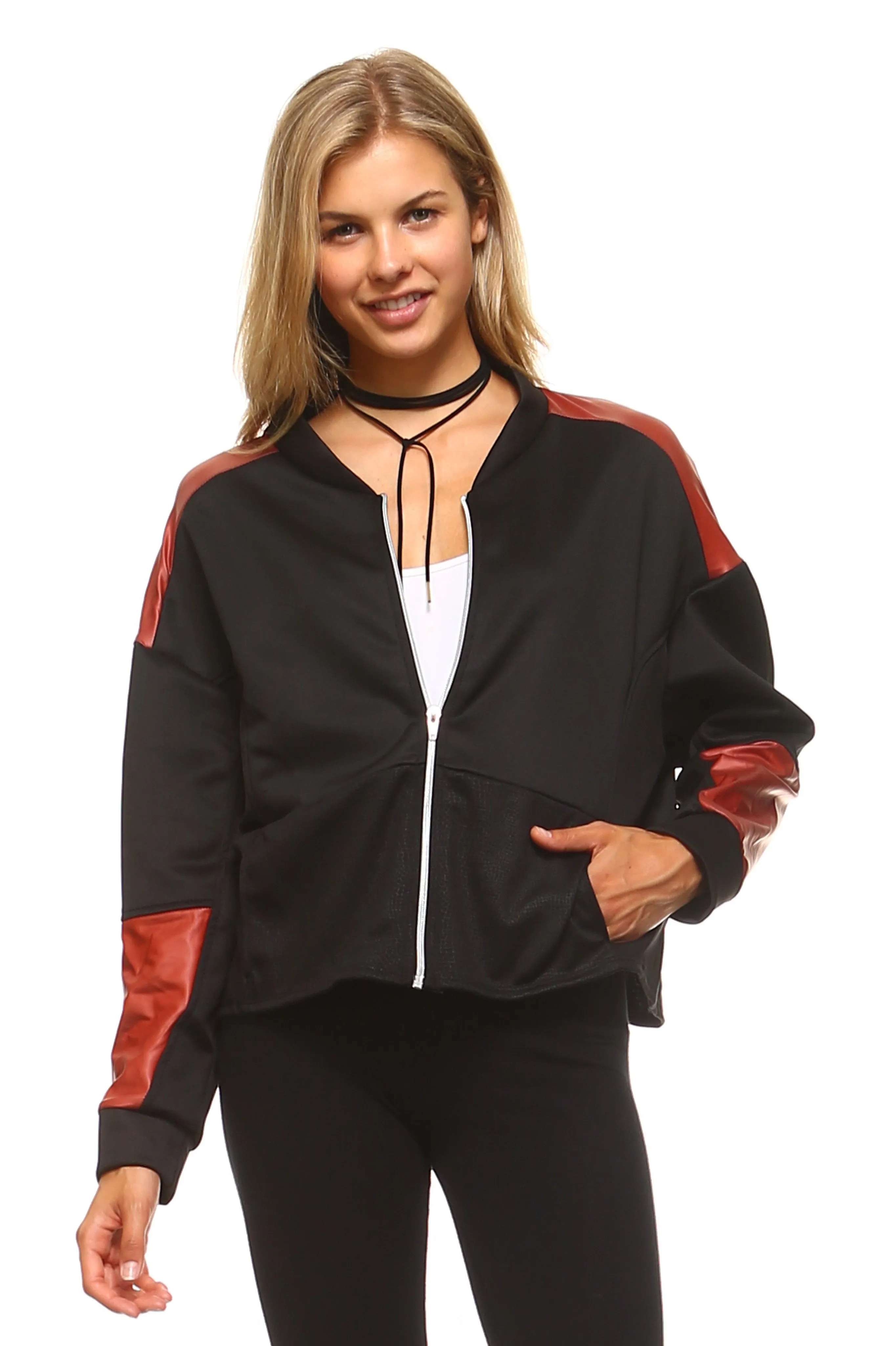 Sidiou Group Women Leather Patch Bomber Jacket