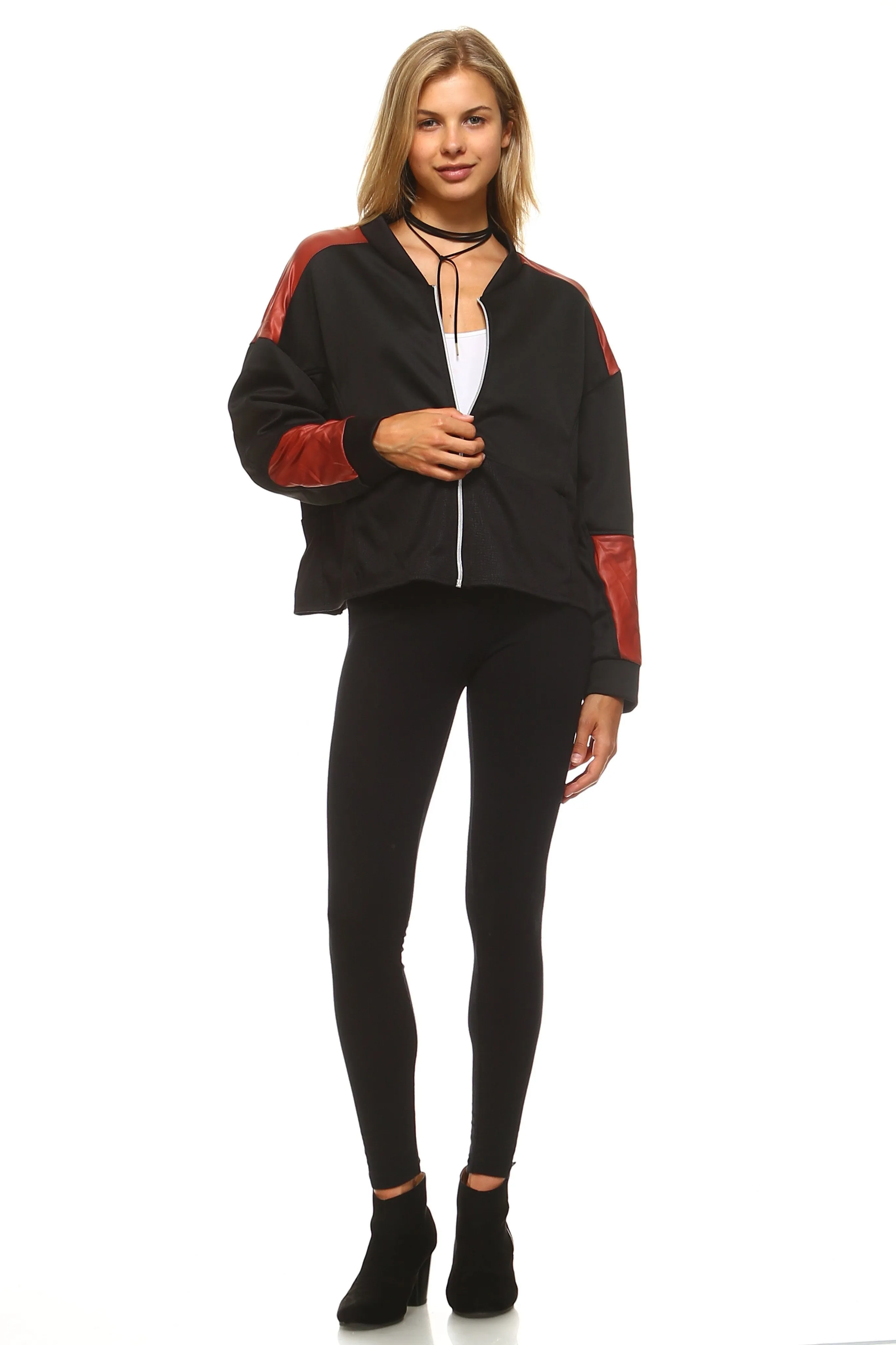 Sidiou Group Women Leather Patch Bomber Jacket