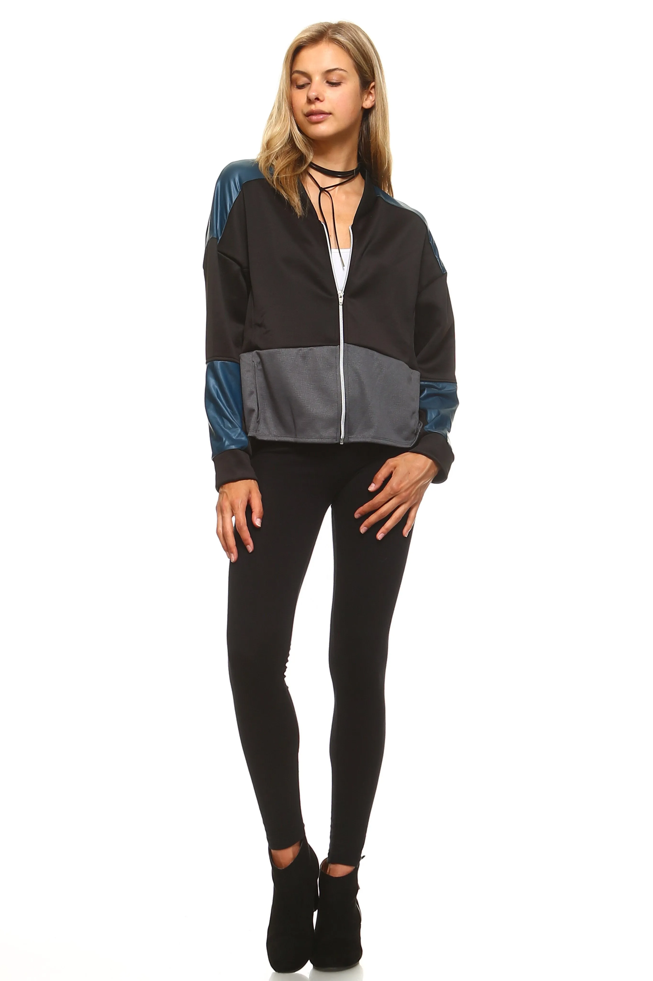 Sidiou Group Women Leather Patch Bomber Jacket