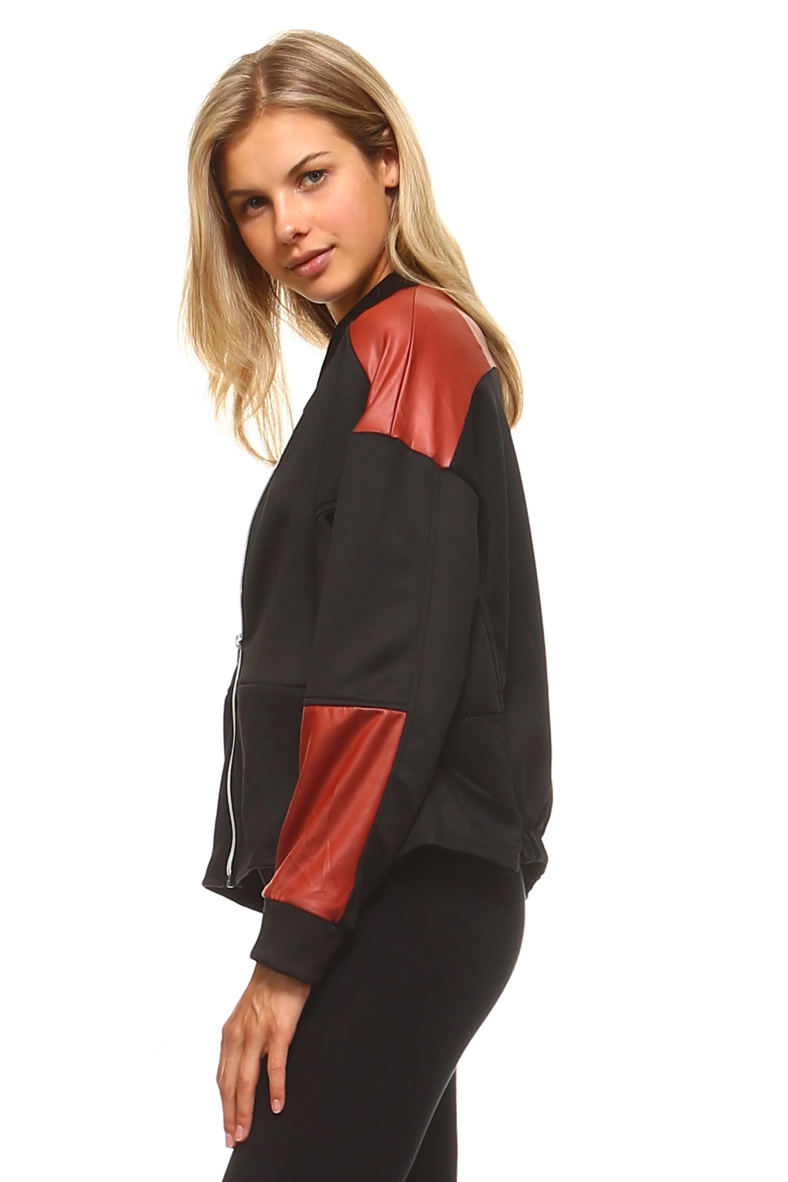 Sidiou Group Women Leather Patch Bomber Jacket