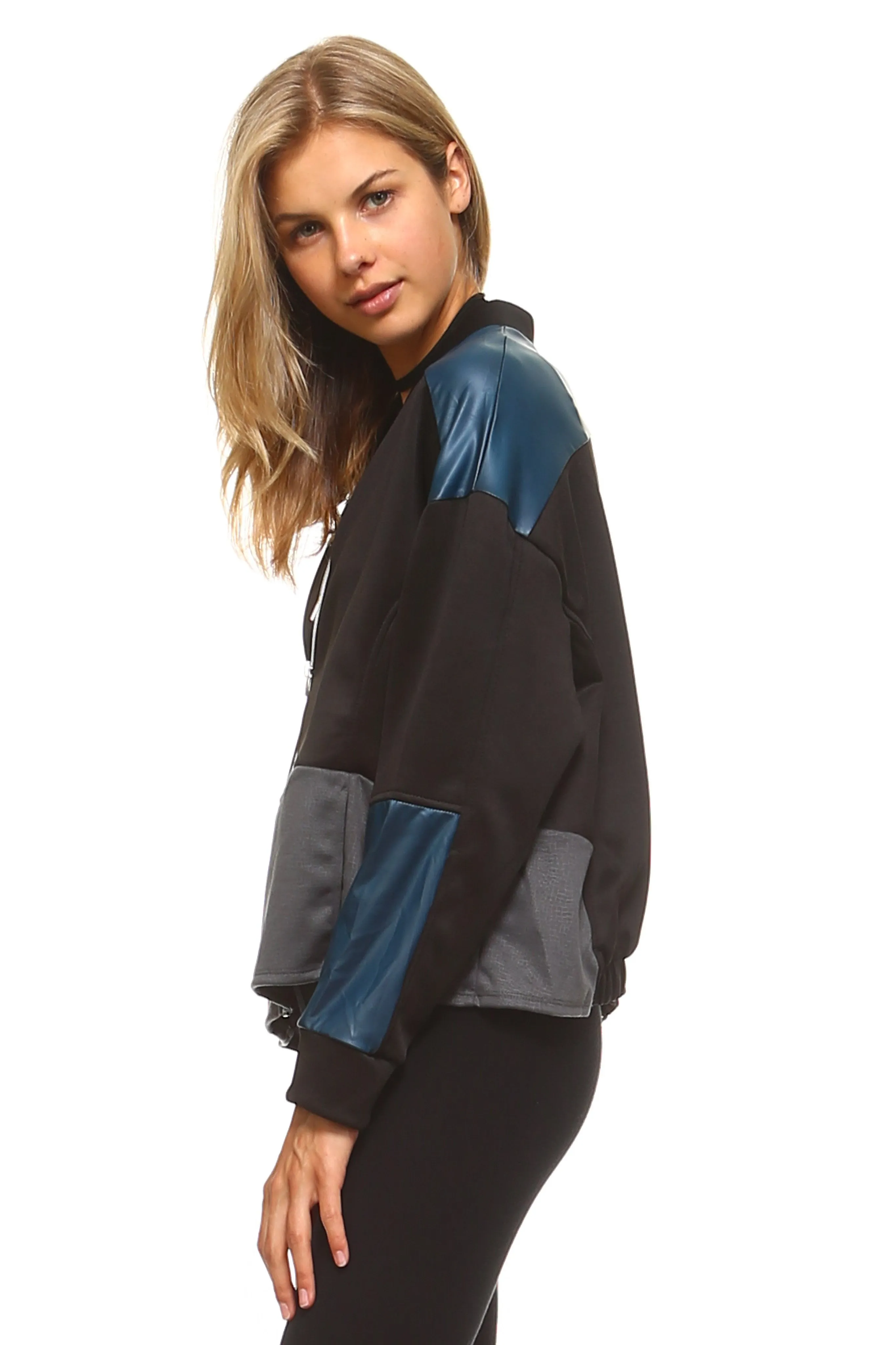 Sidiou Group Women Leather Patch Bomber Jacket