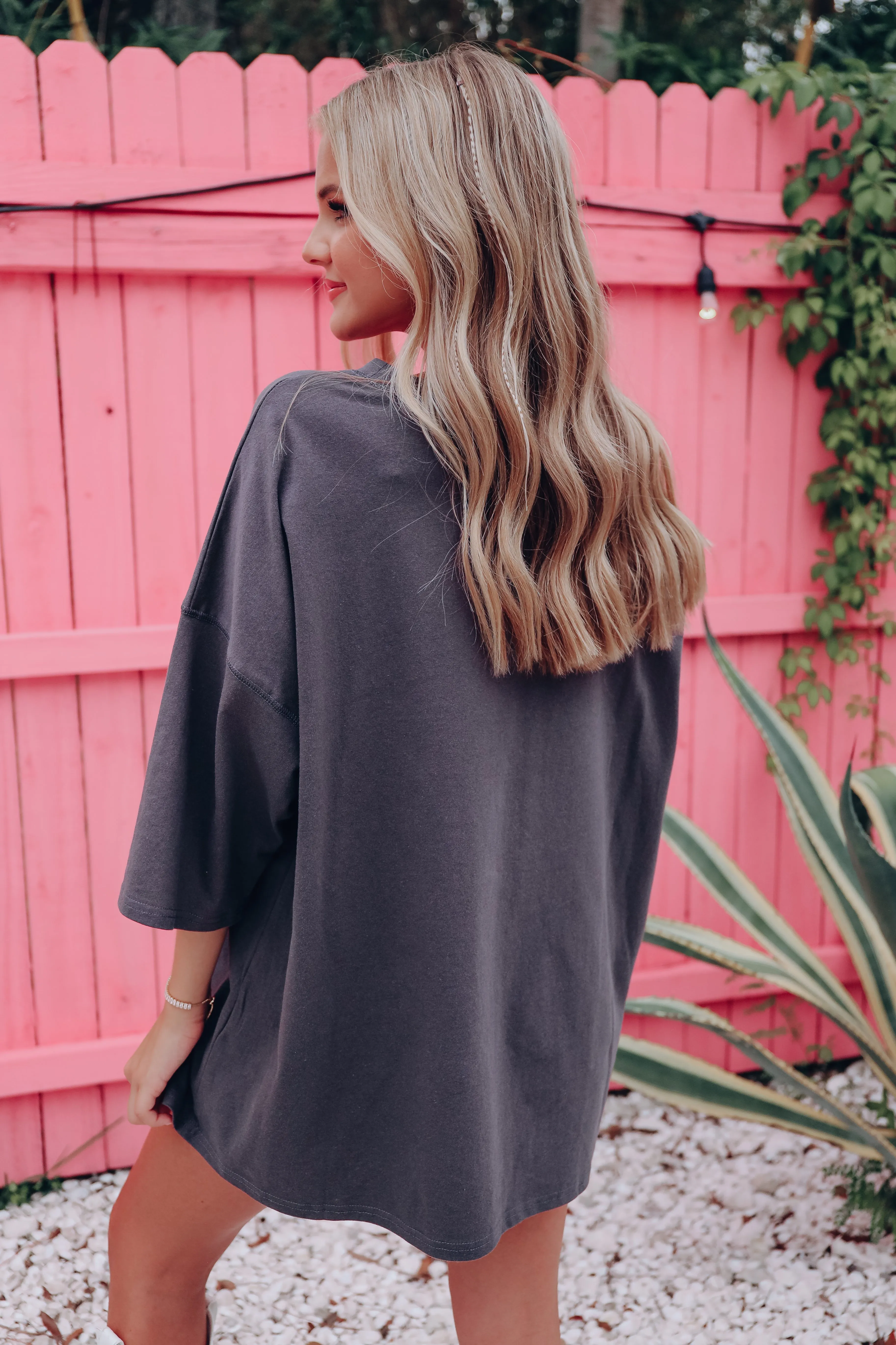 Sparkling In Nashville Drop Shoulder Top - Charcoal