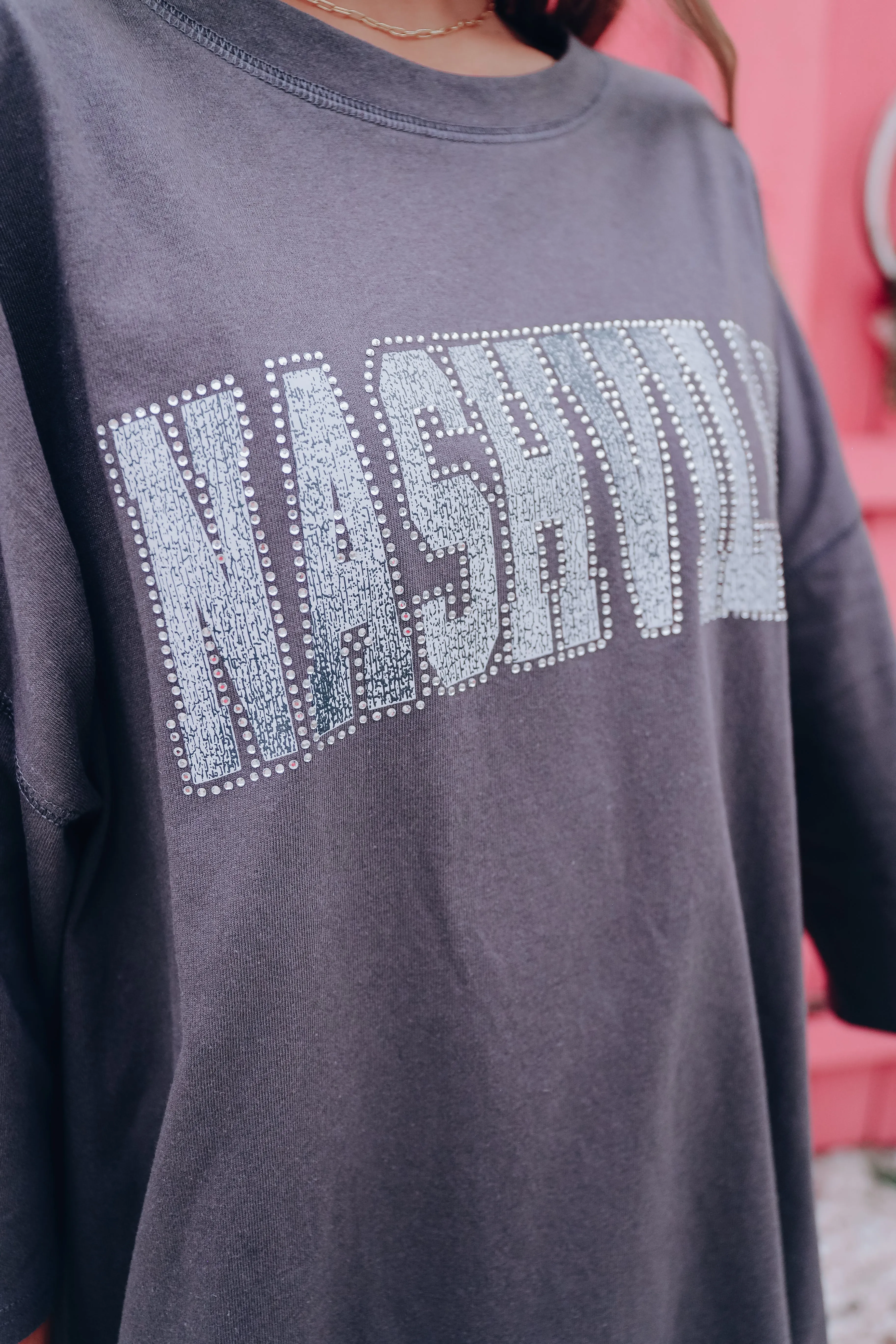 Sparkling In Nashville Drop Shoulder Top - Charcoal