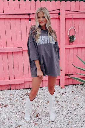 Sparkling In Nashville Drop Shoulder Top - Charcoal