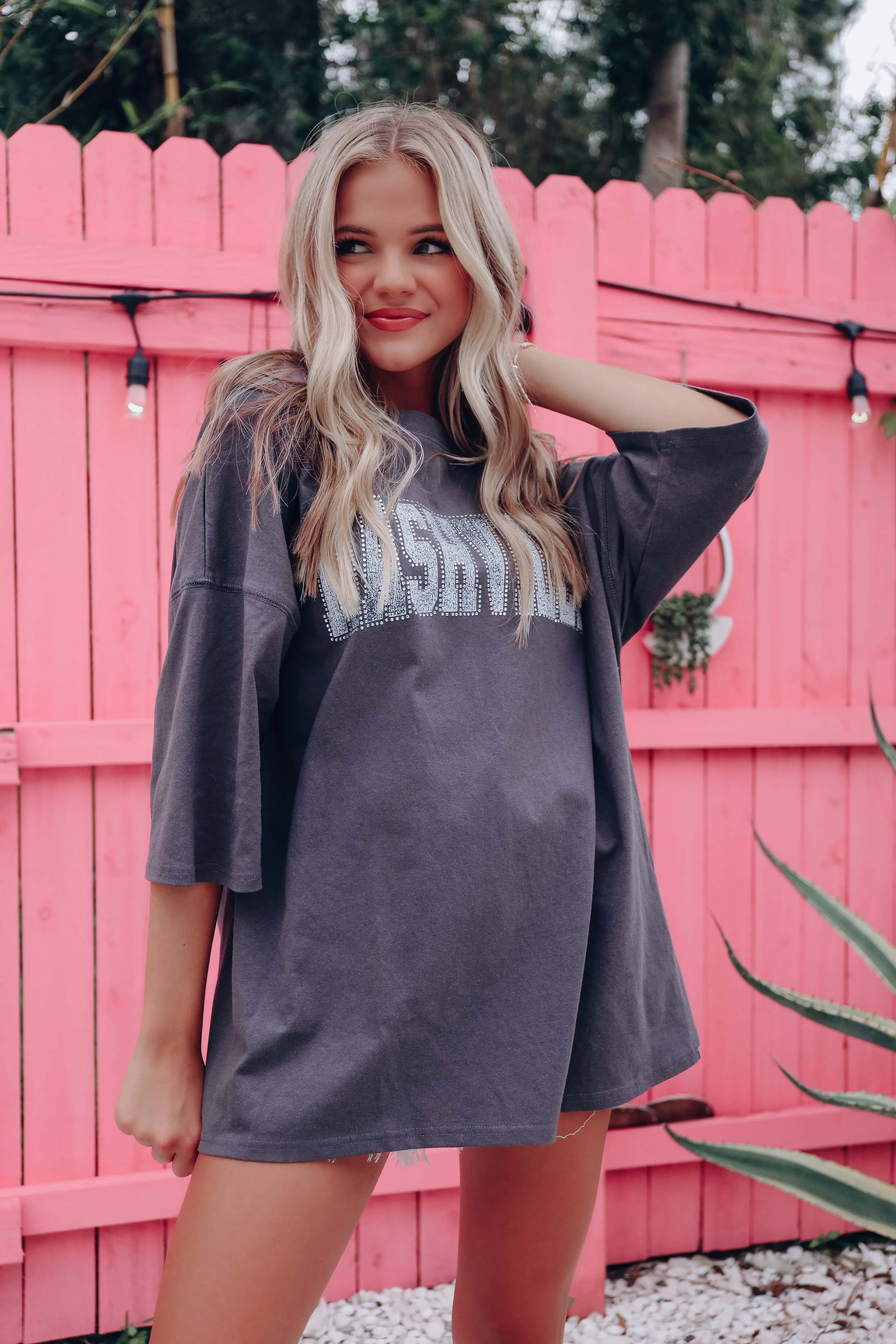 Sparkling In Nashville Drop Shoulder Top - Charcoal