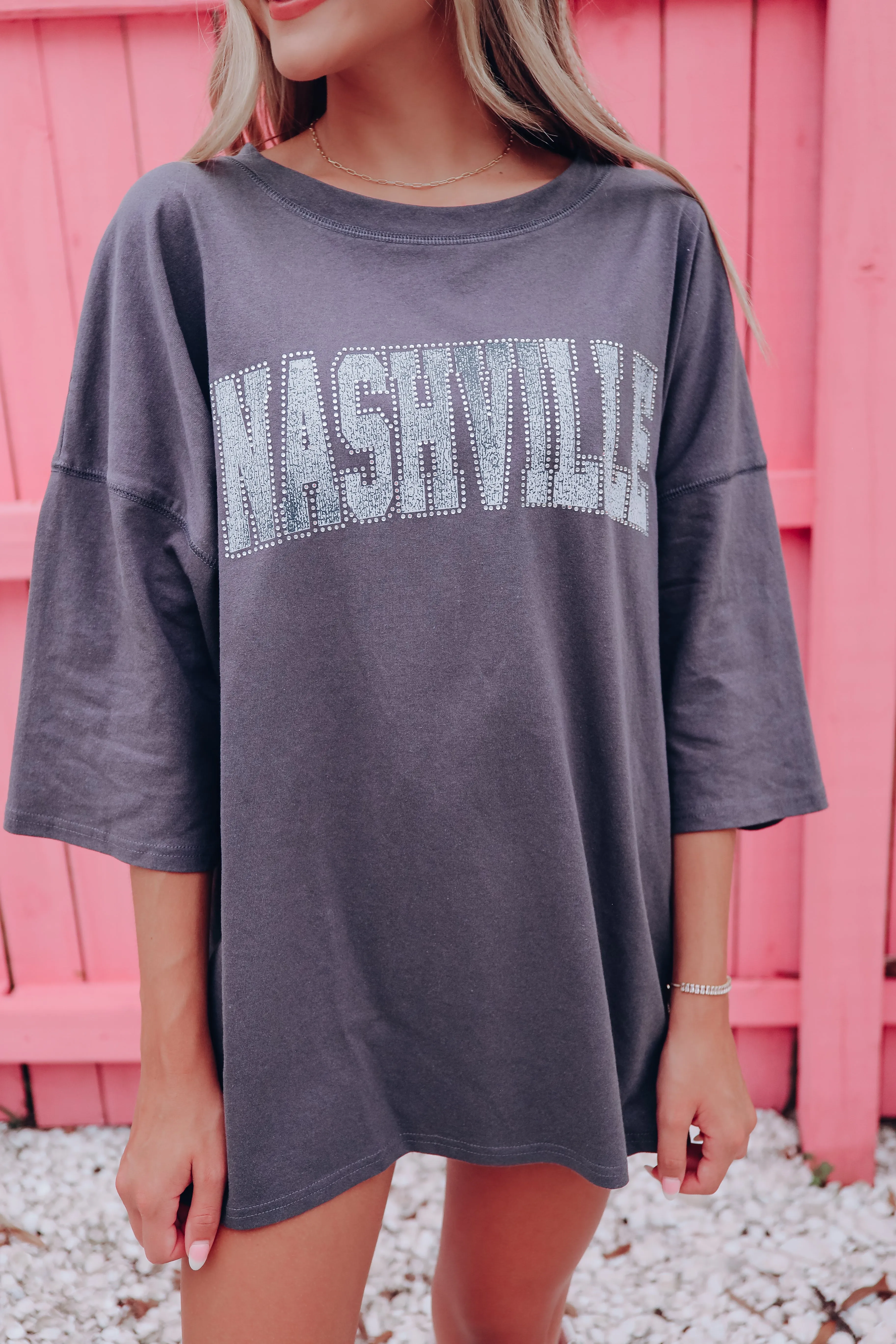 Sparkling In Nashville Drop Shoulder Top - Charcoal