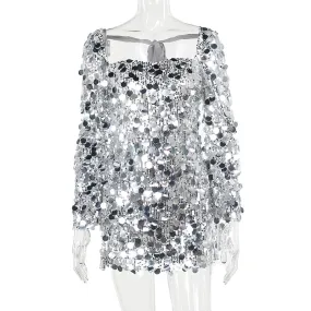 Sultry Glamour: Off-Shoulder Sequined Long Sleeve Backless Dress