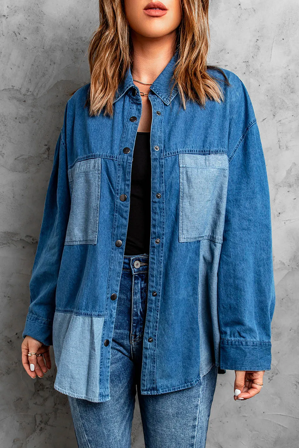 Toleet-Winter and Autumn Outfits Christmas/Thanksgiving_Color Denim Snap Block Jacket with Design