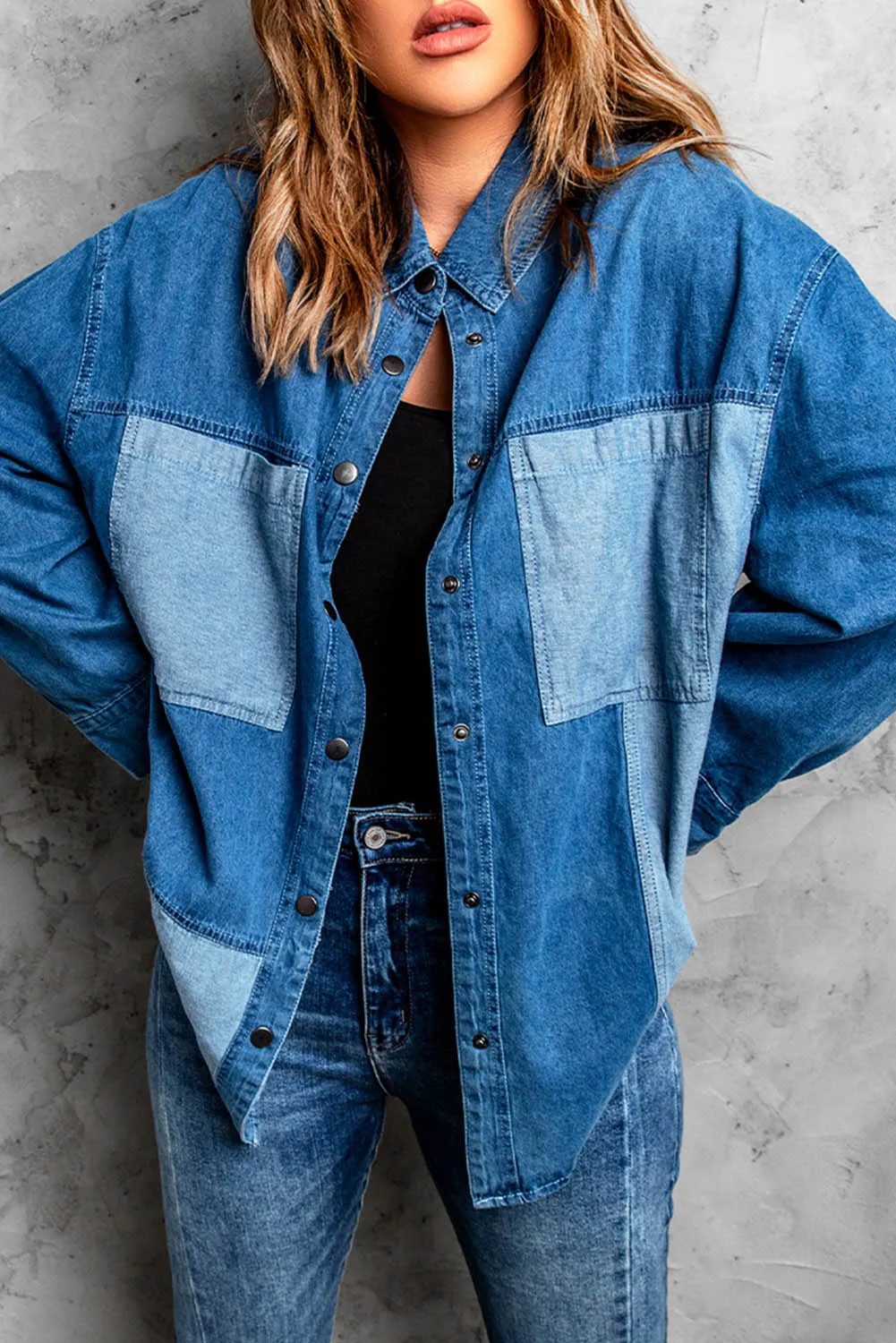 Toleet-Winter and Autumn Outfits Christmas/Thanksgiving_Color Denim Snap Block Jacket with Design