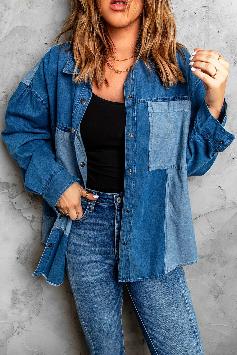 Toleet-Winter and Autumn Outfits Christmas/Thanksgiving_Color Denim Snap Block Jacket with Design