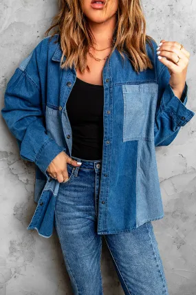 Toleet-Winter and Autumn Outfits Christmas/Thanksgiving_Color Denim Snap Block Jacket with Design
