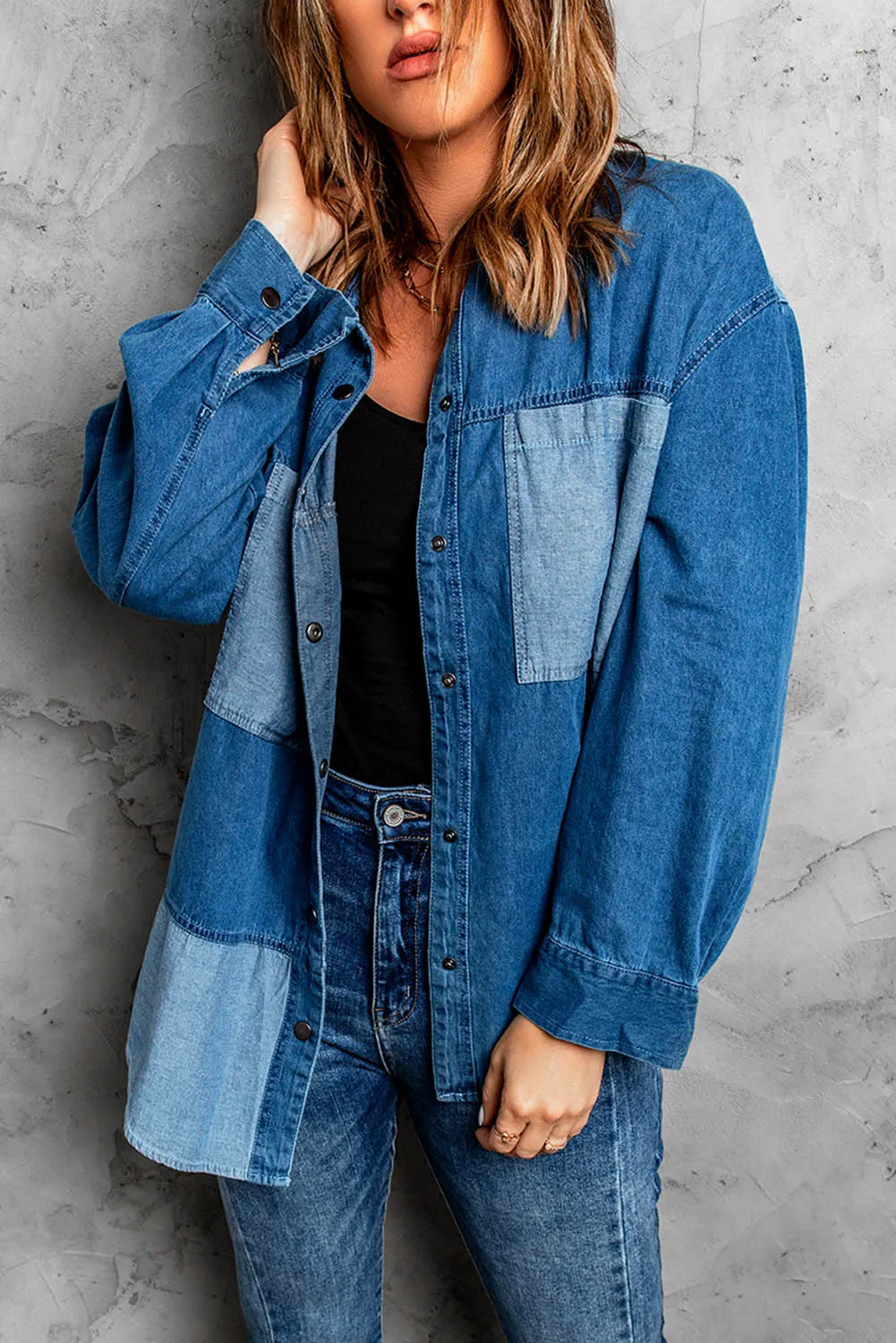 Toleet-Winter and Autumn Outfits Christmas/Thanksgiving_Color Denim Snap Block Jacket with Design