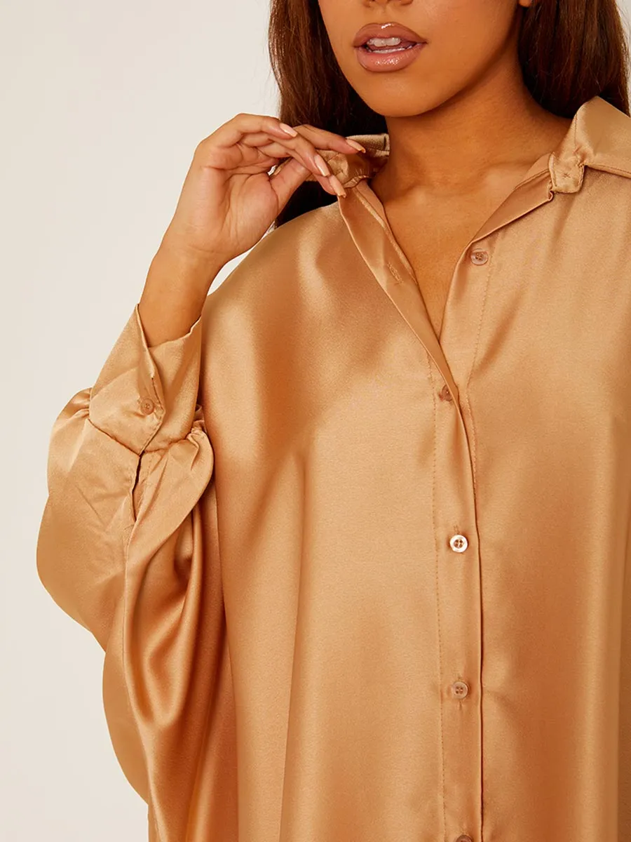Tony Oversized Dip Hem Satin Shirt Dress In Gold