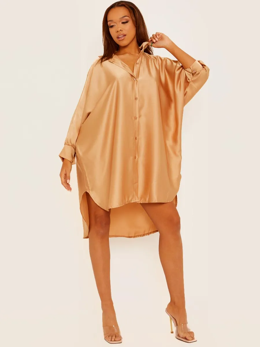 Tony Oversized Dip Hem Satin Shirt Dress In Gold