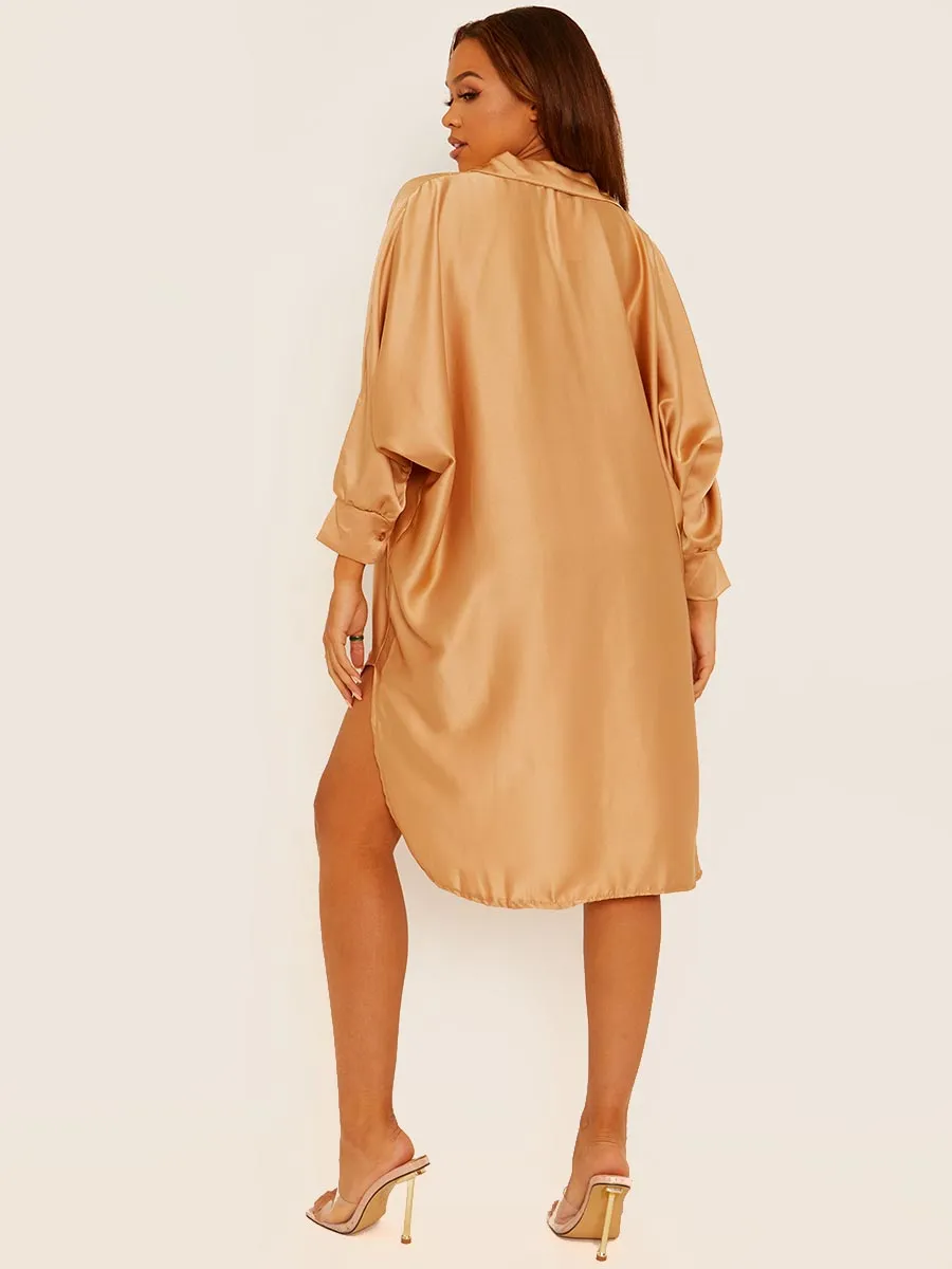Tony Oversized Dip Hem Satin Shirt Dress In Gold