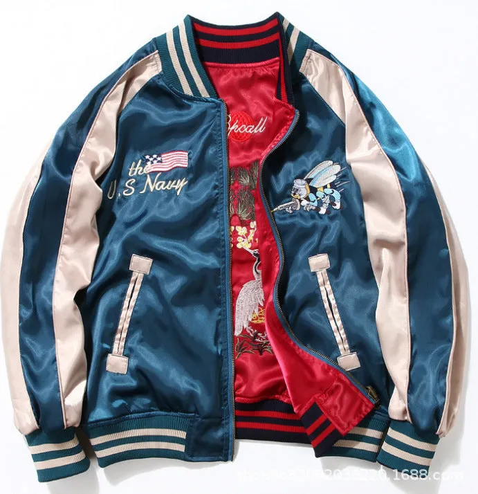 Varsity Bomber Jacket Spring and Autumn Embroidered Jacket Men's Thickened Couple Pilot Baseball Uniform Both Sides Wear Jacket Women