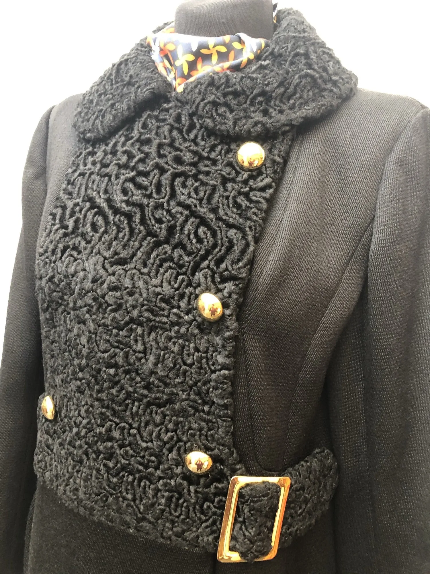 Vintage 1960s Mi Size Double Breasted Astrakhan Coat in Black - Size UK 12
