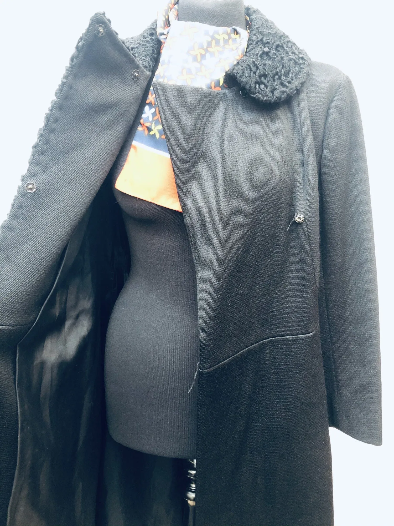 Vintage 1960s Mi Size Double Breasted Astrakhan Coat in Black - Size UK 12