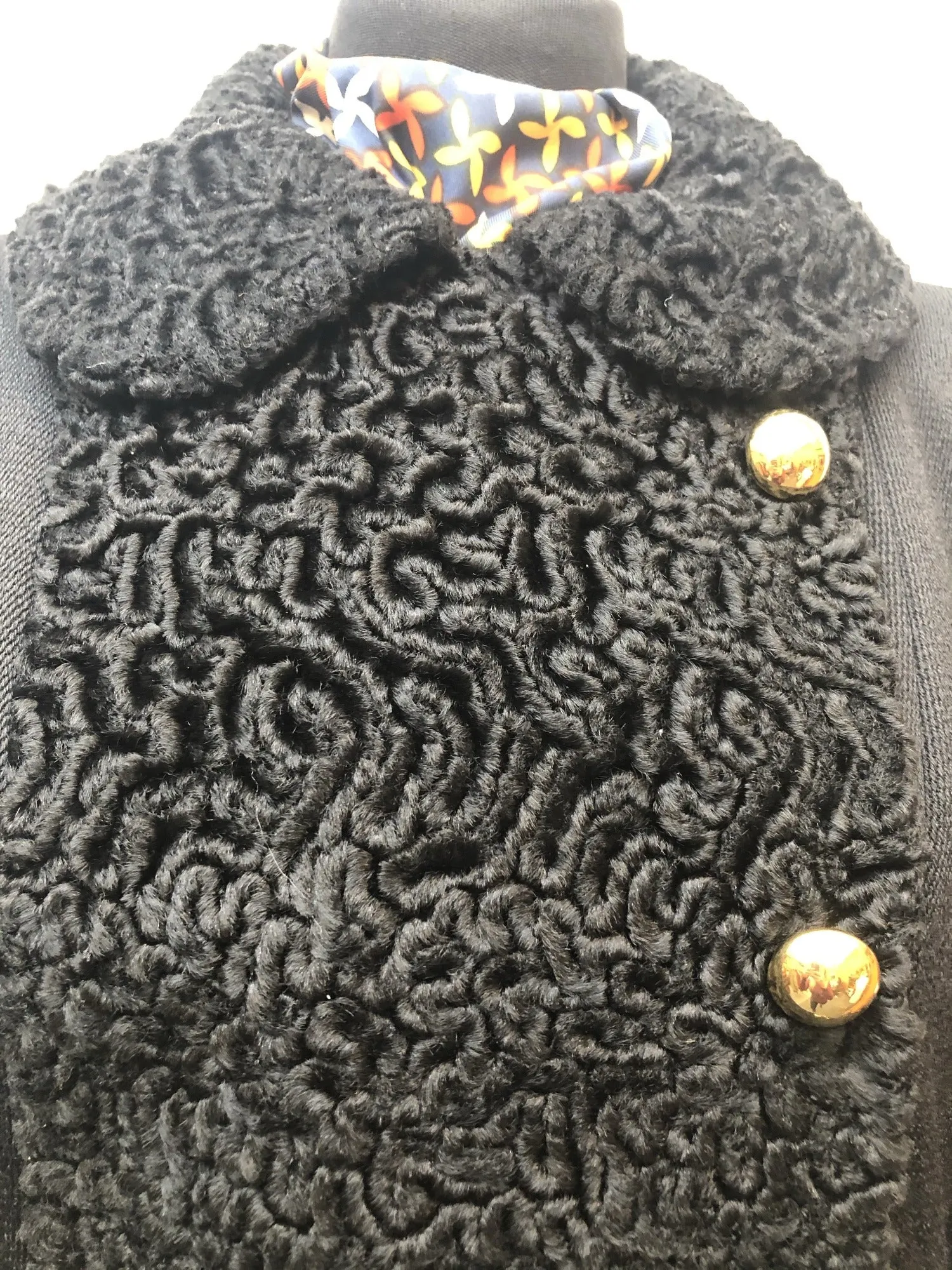 Vintage 1960s Mi Size Double Breasted Astrakhan Coat in Black - Size UK 12