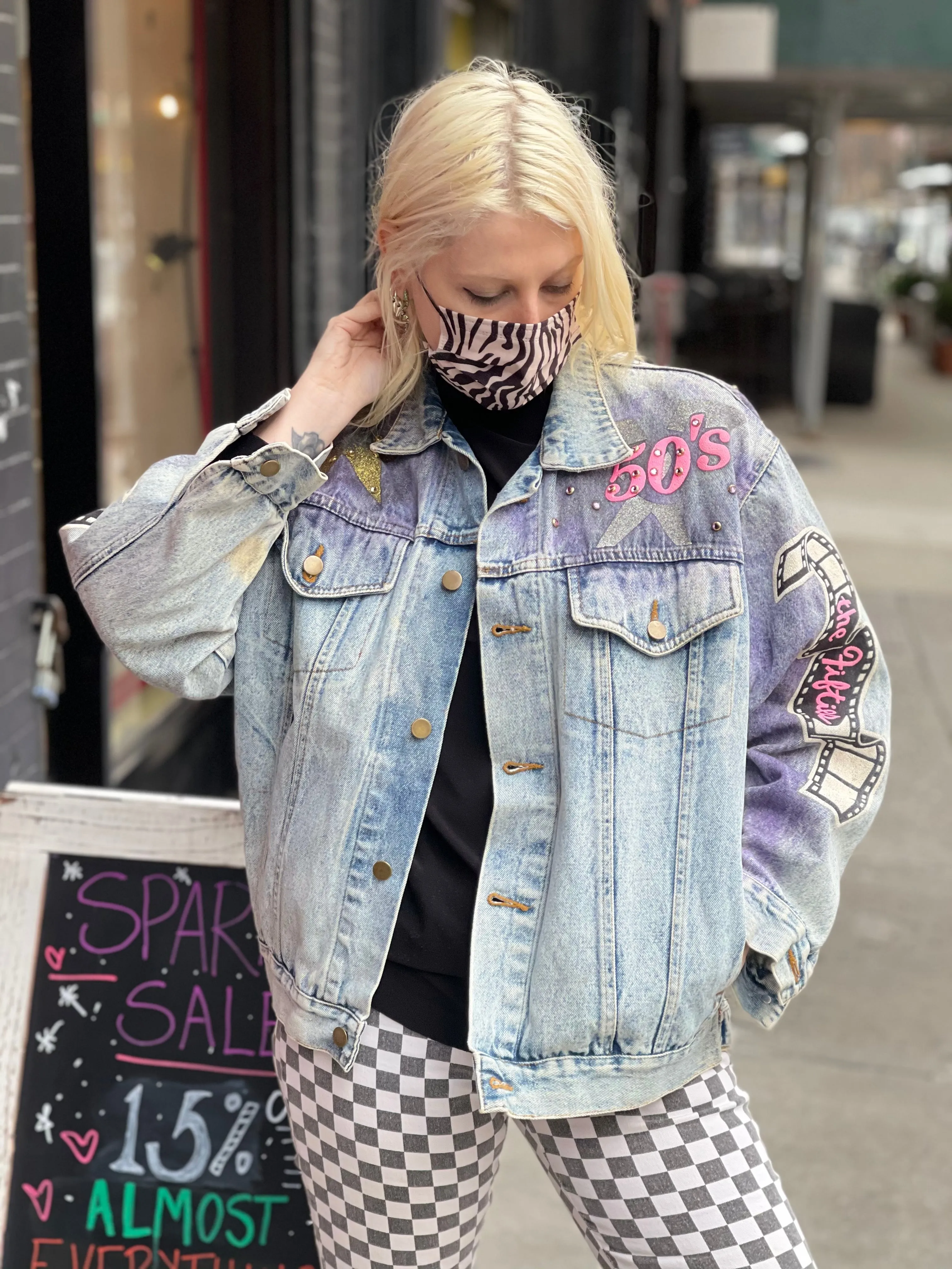 Vintage 80s Hand Painted and Bedazzled Fifties themed Jean Jacket