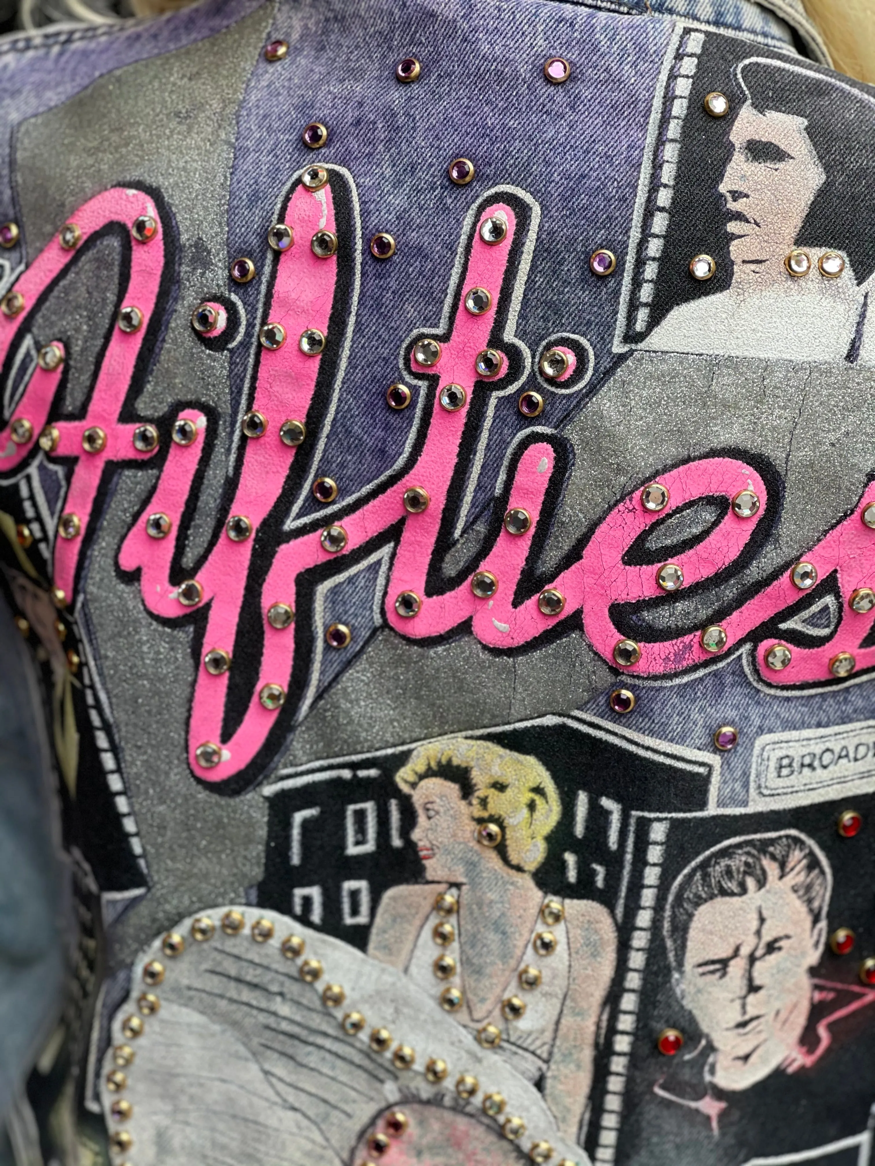 Vintage 80s Hand Painted and Bedazzled Fifties themed Jean Jacket