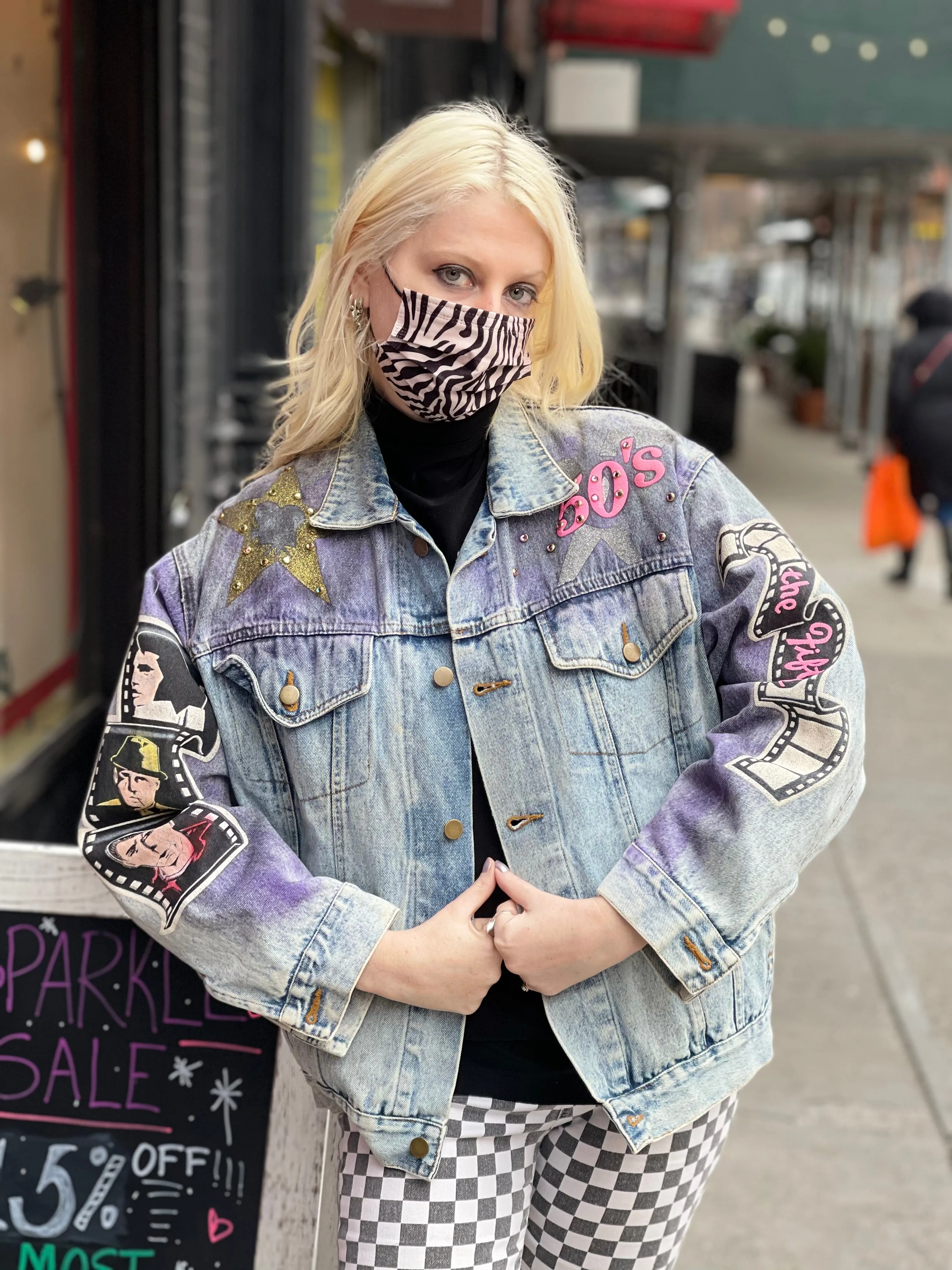Vintage 80s Hand Painted and Bedazzled Fifties themed Jean Jacket