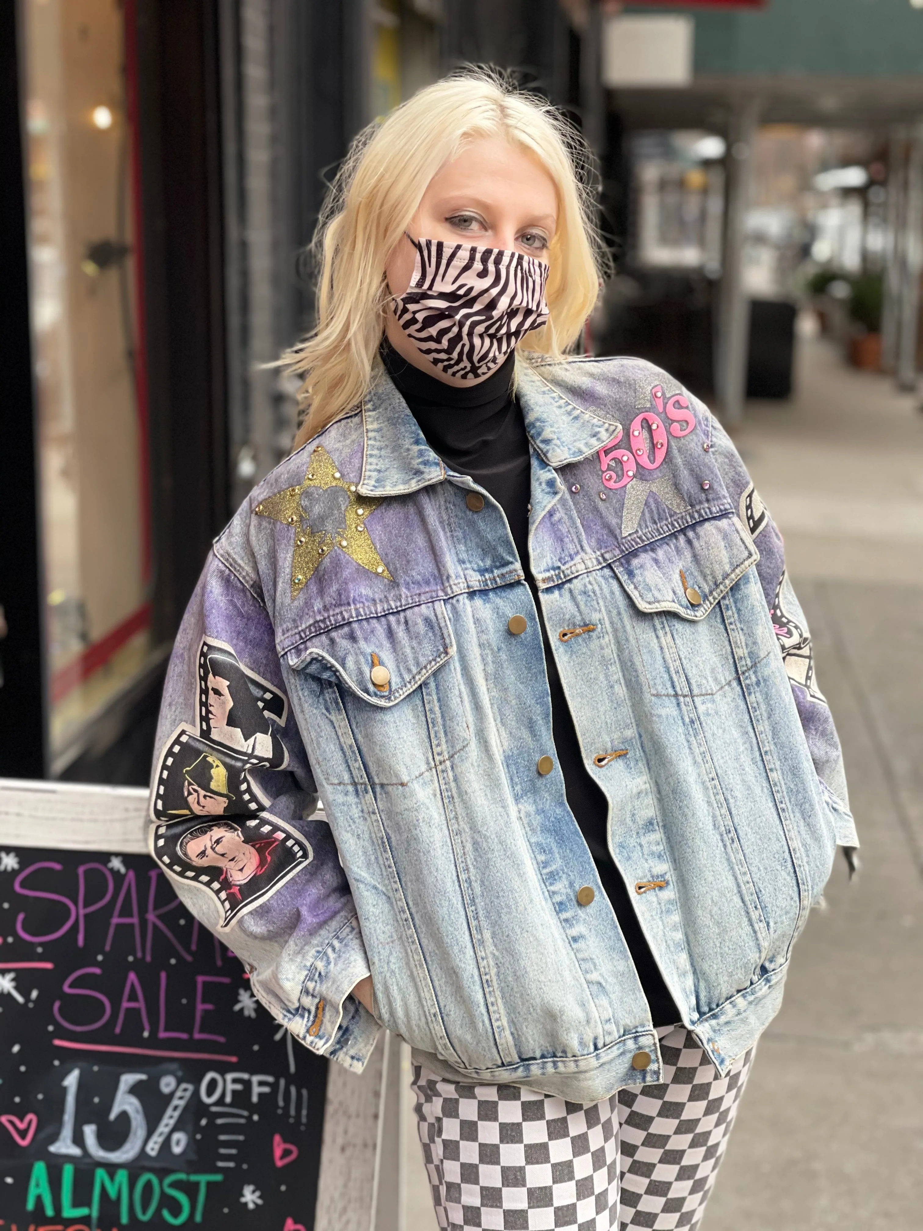 Vintage 80s Hand Painted and Bedazzled Fifties themed Jean Jacket