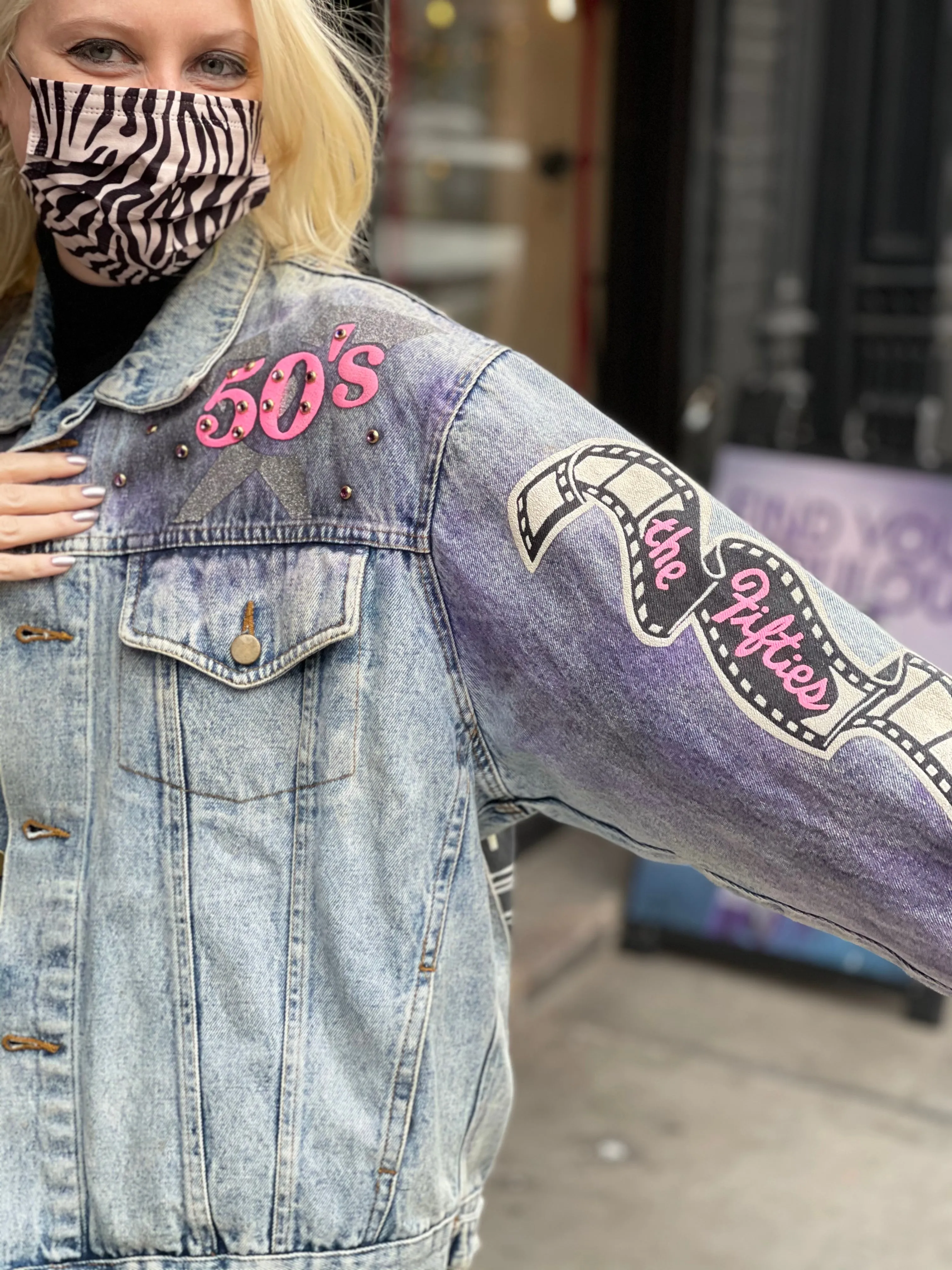Vintage 80s Hand Painted and Bedazzled Fifties themed Jean Jacket