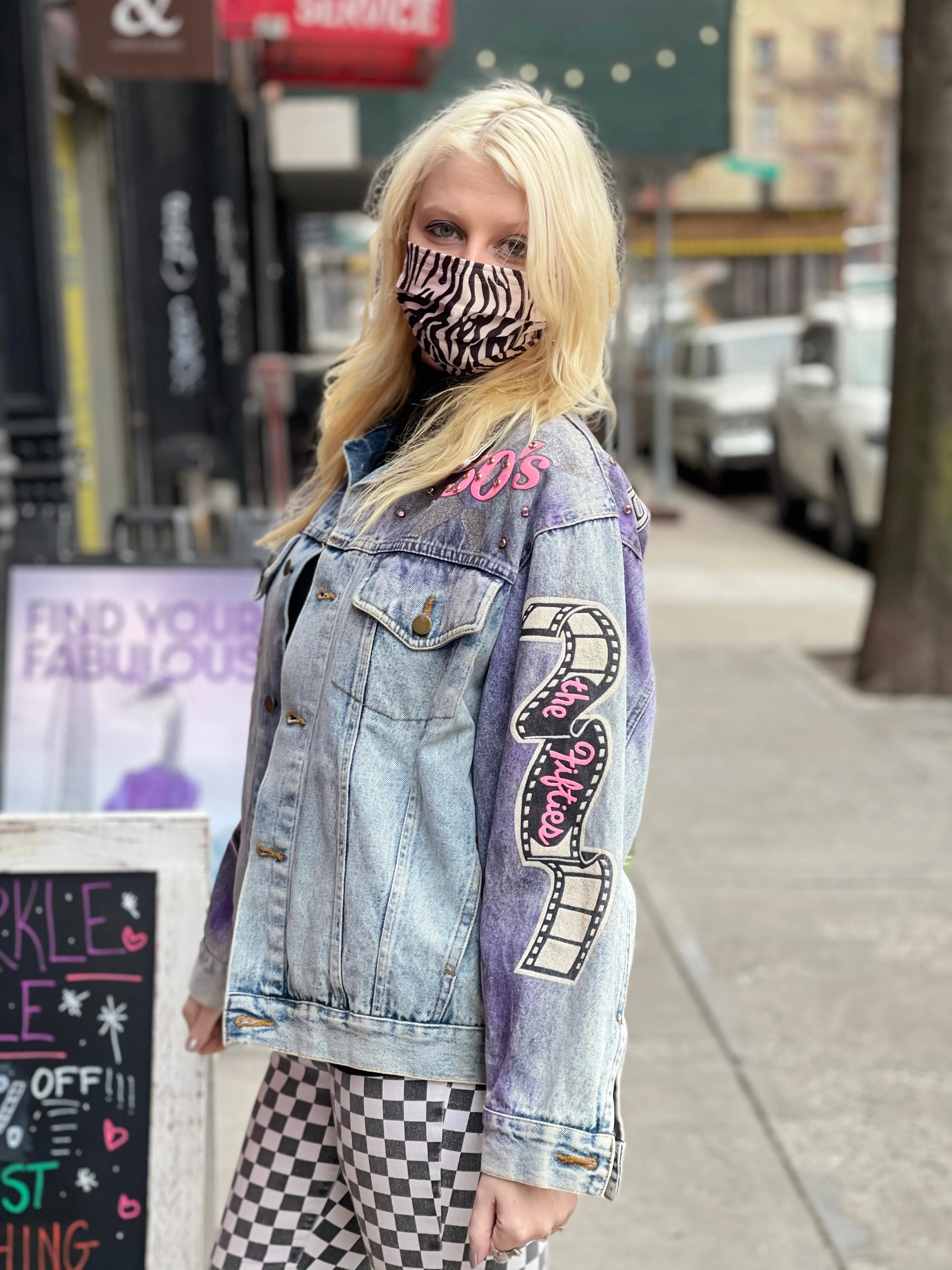 Vintage 80s Hand Painted and Bedazzled Fifties themed Jean Jacket