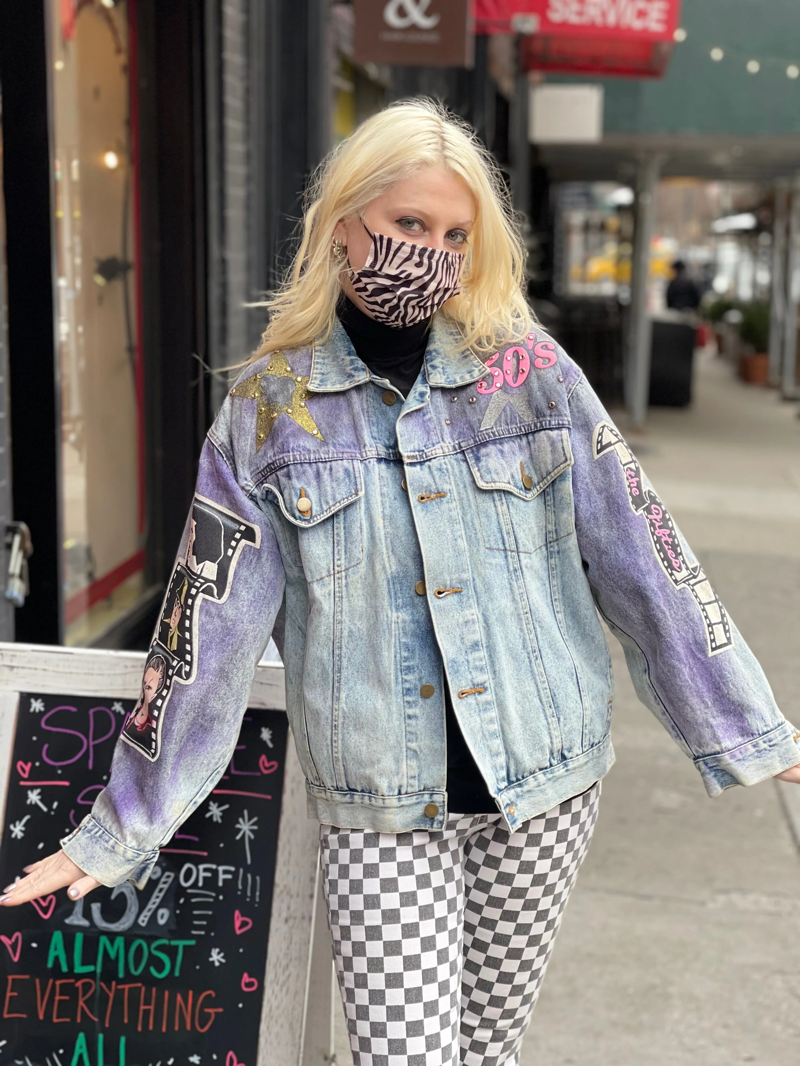 Vintage 80s Hand Painted and Bedazzled Fifties themed Jean Jacket
