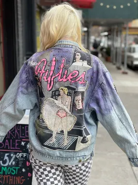 Vintage 80s Hand Painted and Bedazzled Fifties themed Jean Jacket