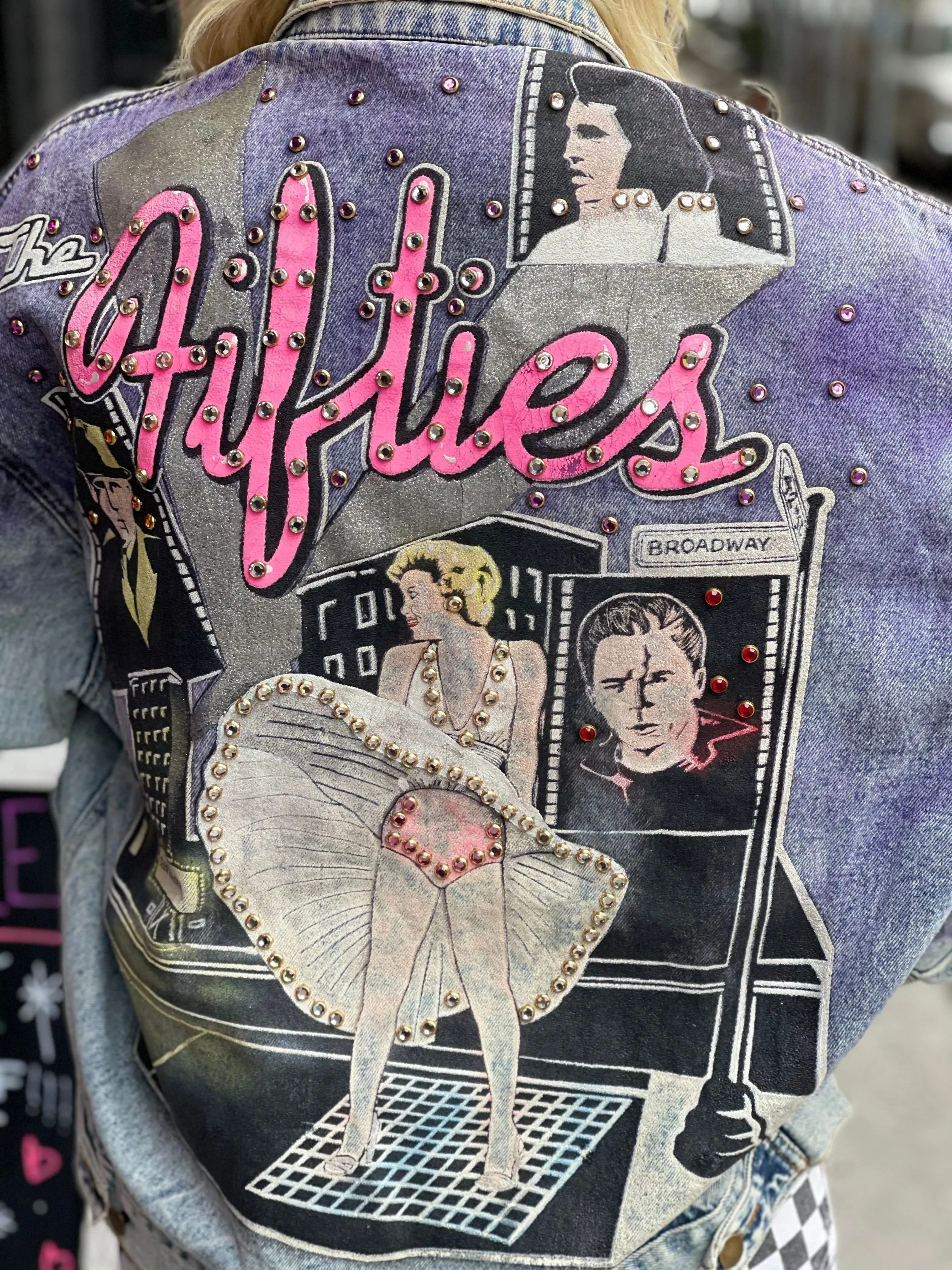 Vintage 80s Hand Painted and Bedazzled Fifties themed Jean Jacket