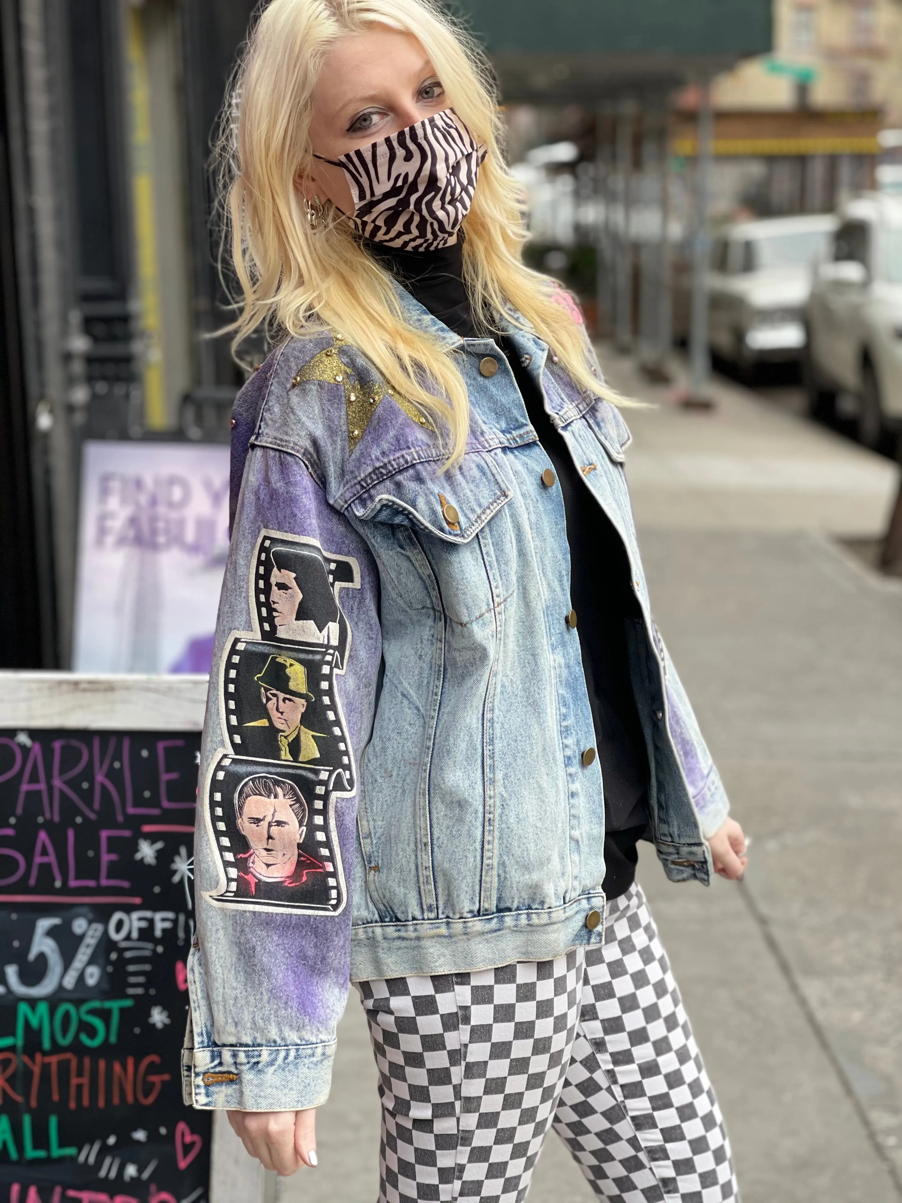 Vintage 80s Hand Painted and Bedazzled Fifties themed Jean Jacket