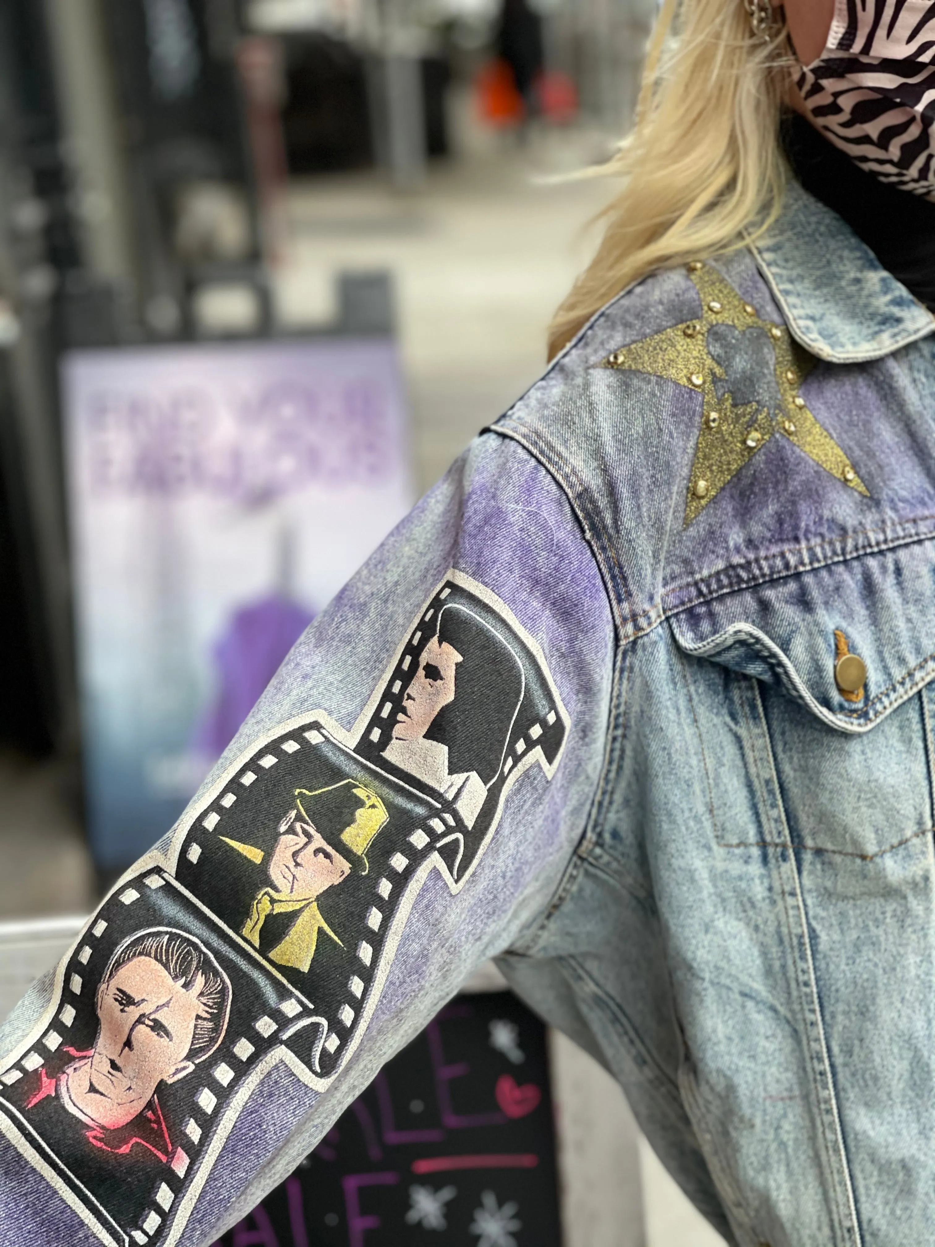 Vintage 80s Hand Painted and Bedazzled Fifties themed Jean Jacket