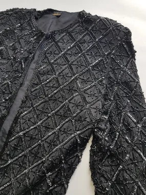 Vintage Silk Spectacular Sparkling Diamond Pattern Heavily Beaded Jacket in Black - Immaculate - Hand Beaded - Bridal Quality