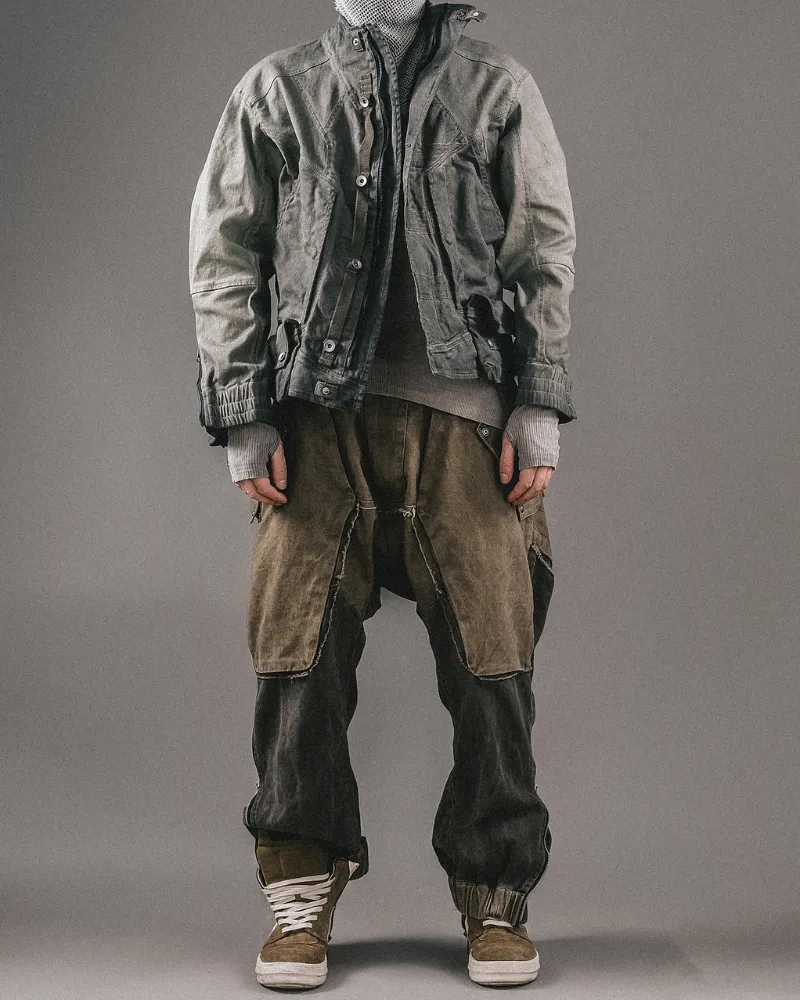 Wasteland Wear Color-Blocked Drawstring Zipper Cargo Pants