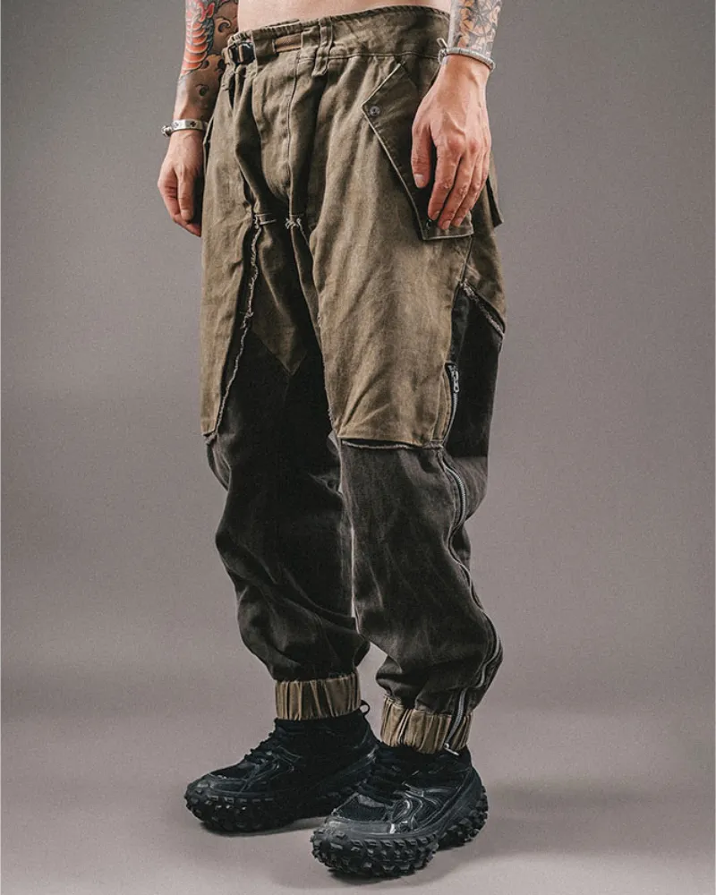 Wasteland Wear Color-Blocked Drawstring Zipper Cargo Pants