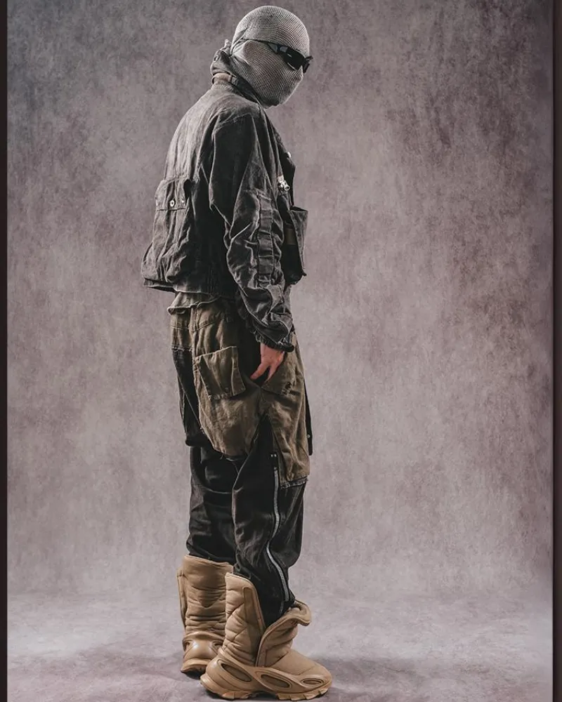 Wasteland Wear Color-Blocked Drawstring Zipper Cargo Pants
