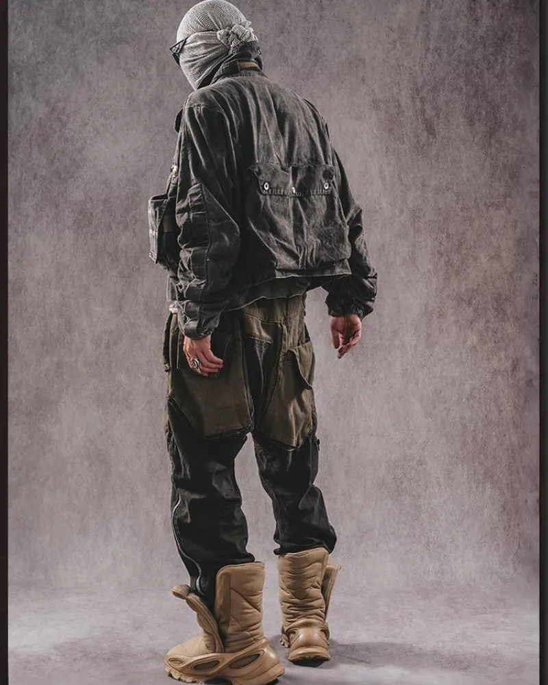 Wasteland Wear Color-Blocked Drawstring Zipper Cargo Pants