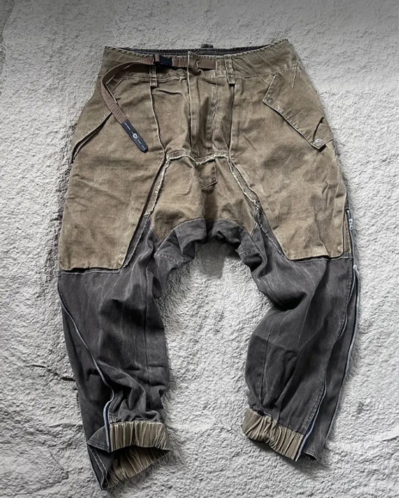 Wasteland Wear Color-Blocked Drawstring Zipper Cargo Pants